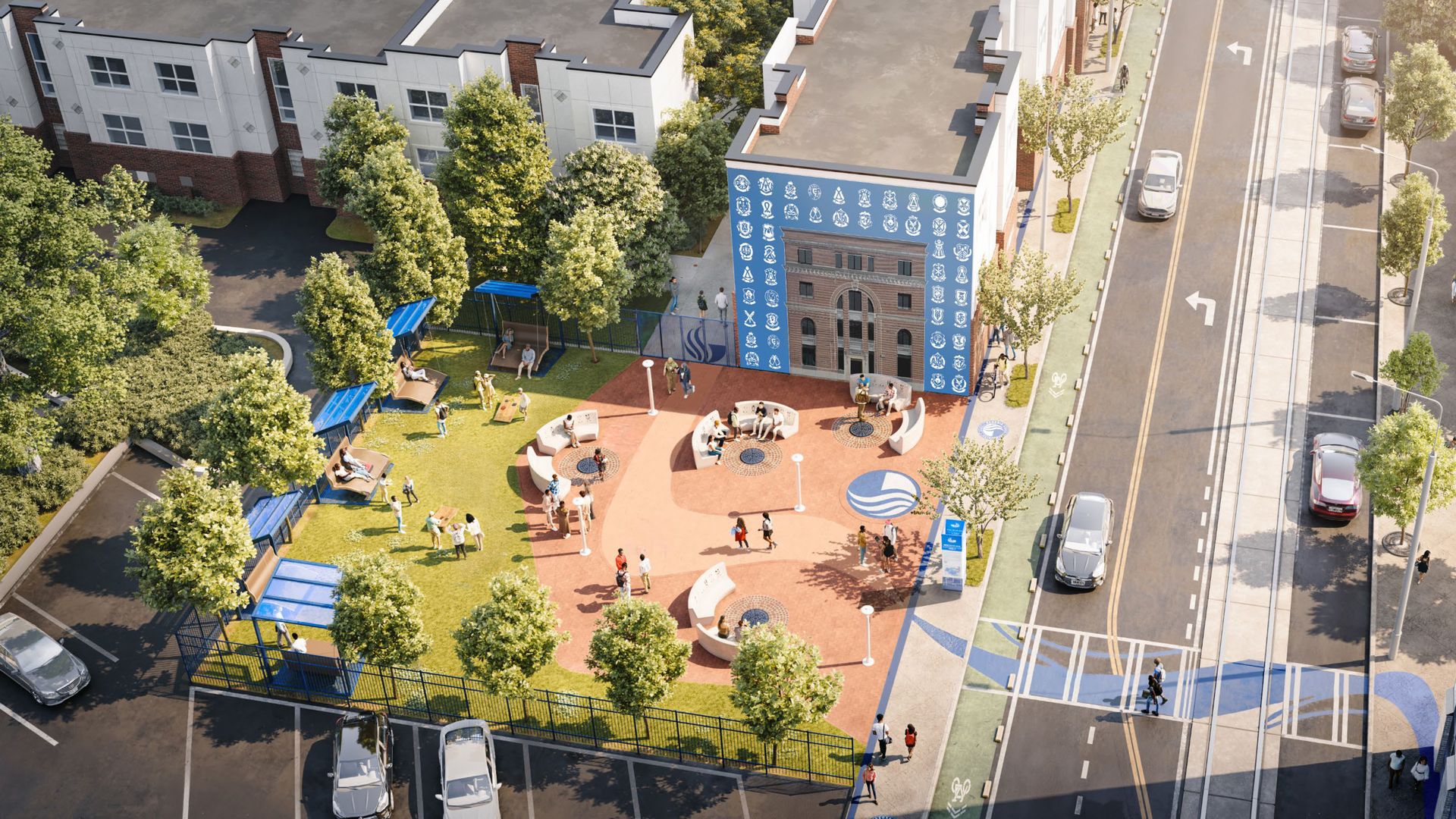 A rendering showing the greenspace and courtyard that would be constructed in place of the building at 148 Edgewood Avenue in Downtown.