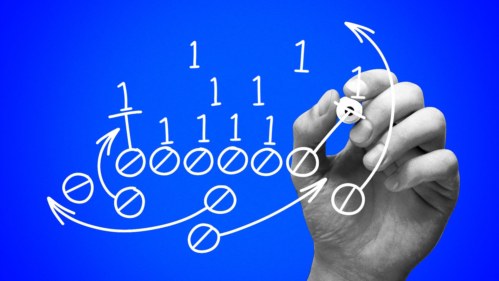 Illustration of a hand writing out a football play, but the X's and O's are replaced with the ones and zeros of binary code.