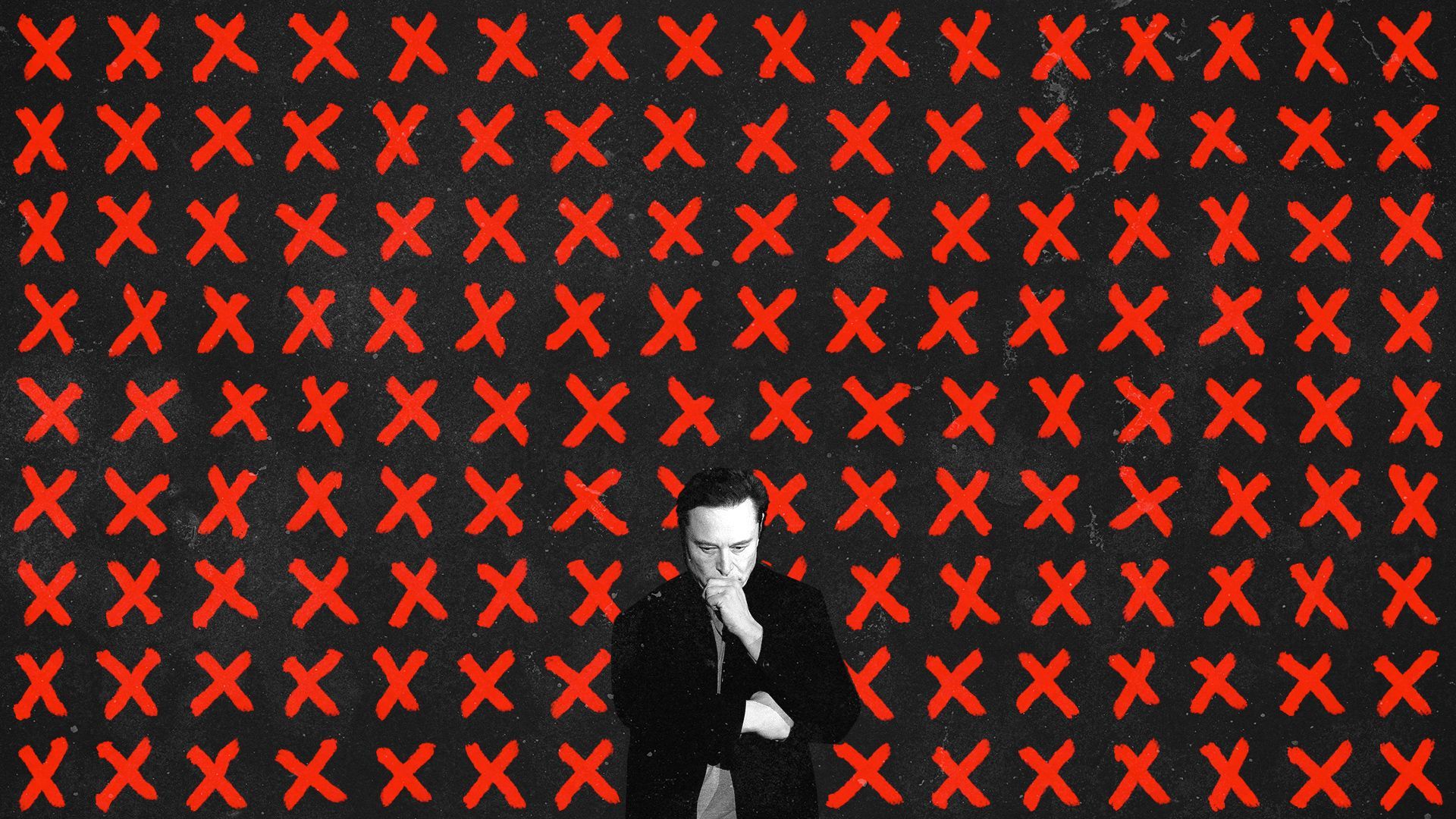 Photo illustration of Elon Musk looking worried and surrounded by bright red X's. 