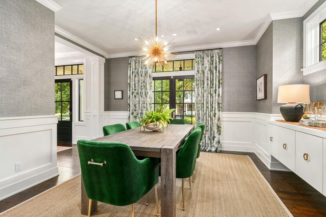 dining room with custom drapes