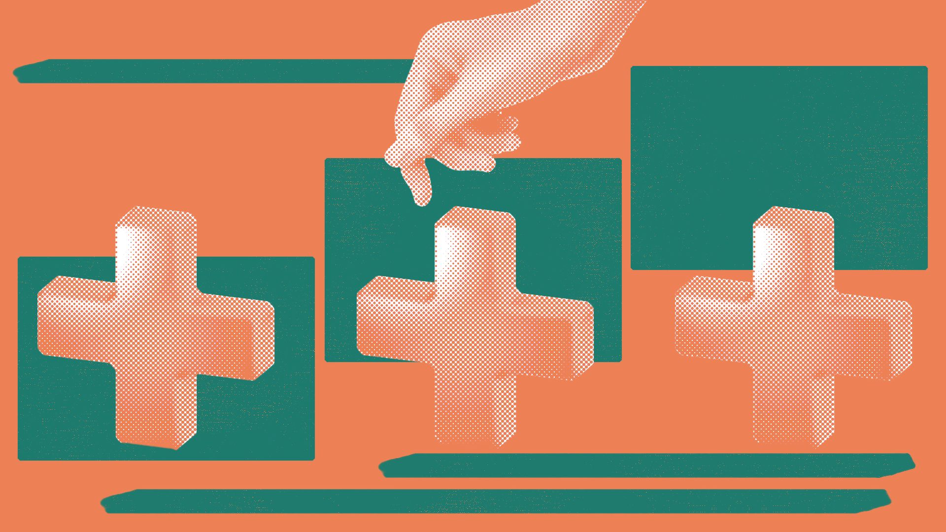 Illustration collage of a hand hovering over three identical medical crosses and numerous geometric shapes