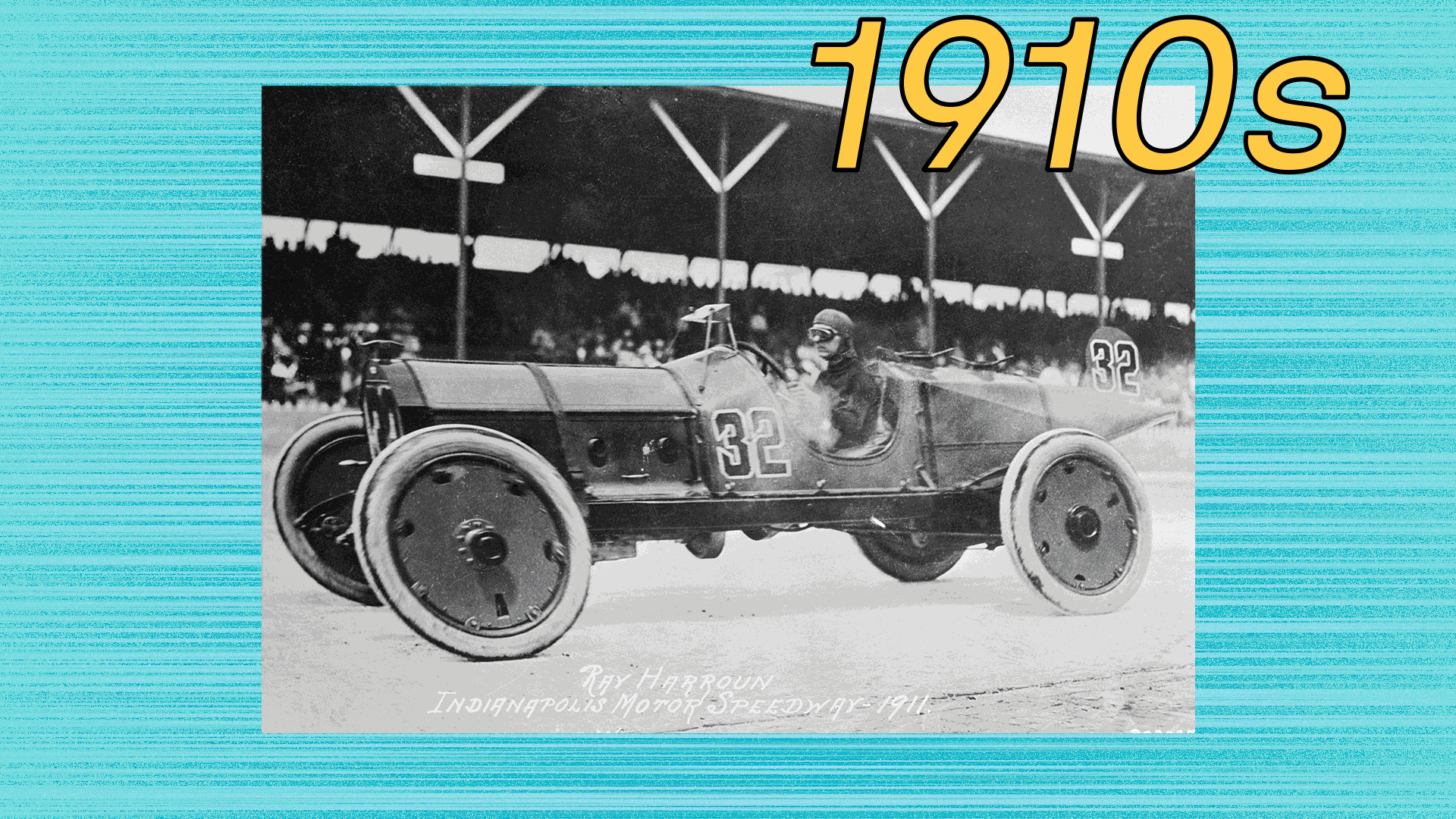 Photo illustration of Indy 500 race cars from the 1910s to 2020s with light blue speed lines behind them.