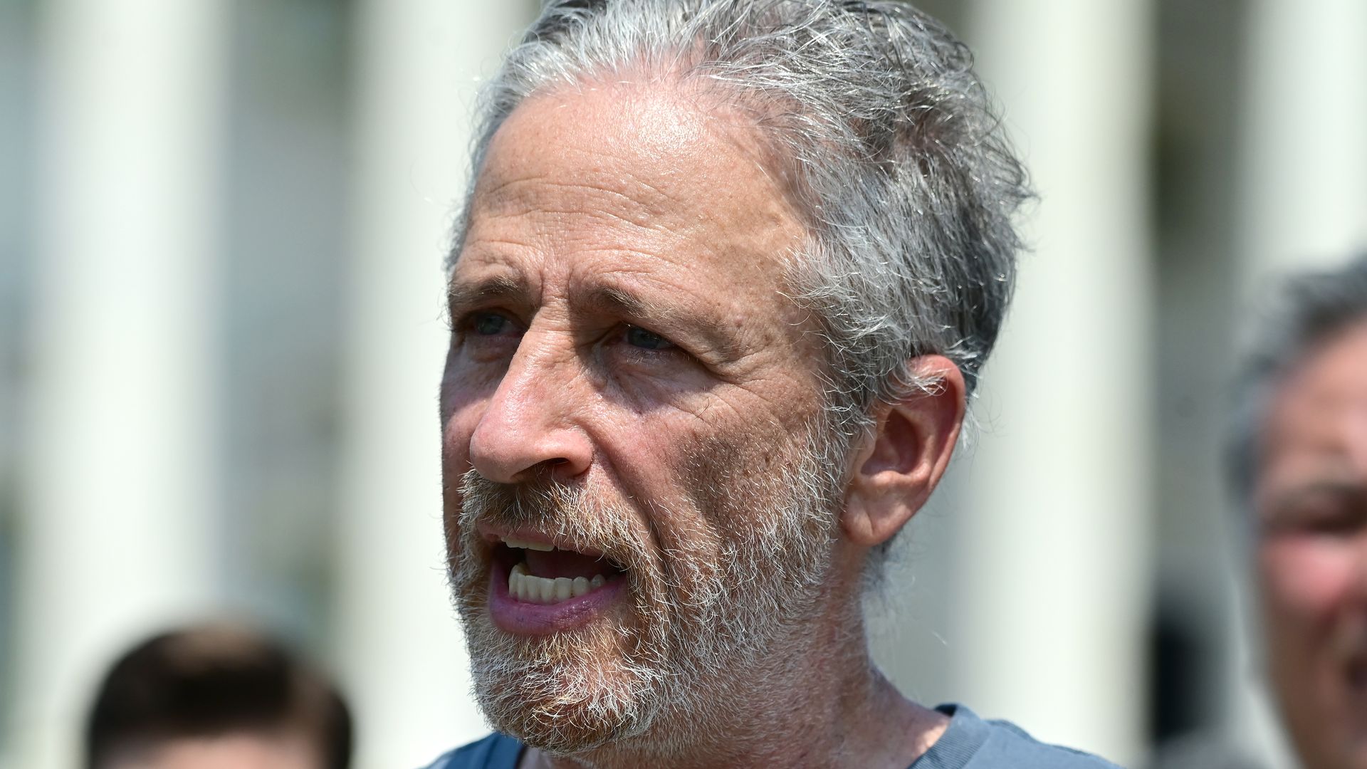 Jon Stewart speaks at a press conference for "Honoring our PACT Act: Promise to Address Comprehensive Toxins" at House Triangle on May 26, 2021 in Washington, DC.