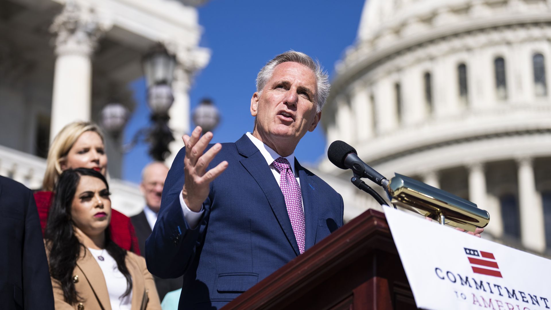 Kevin McCarthy speaks at a press conference about the Commitment to America