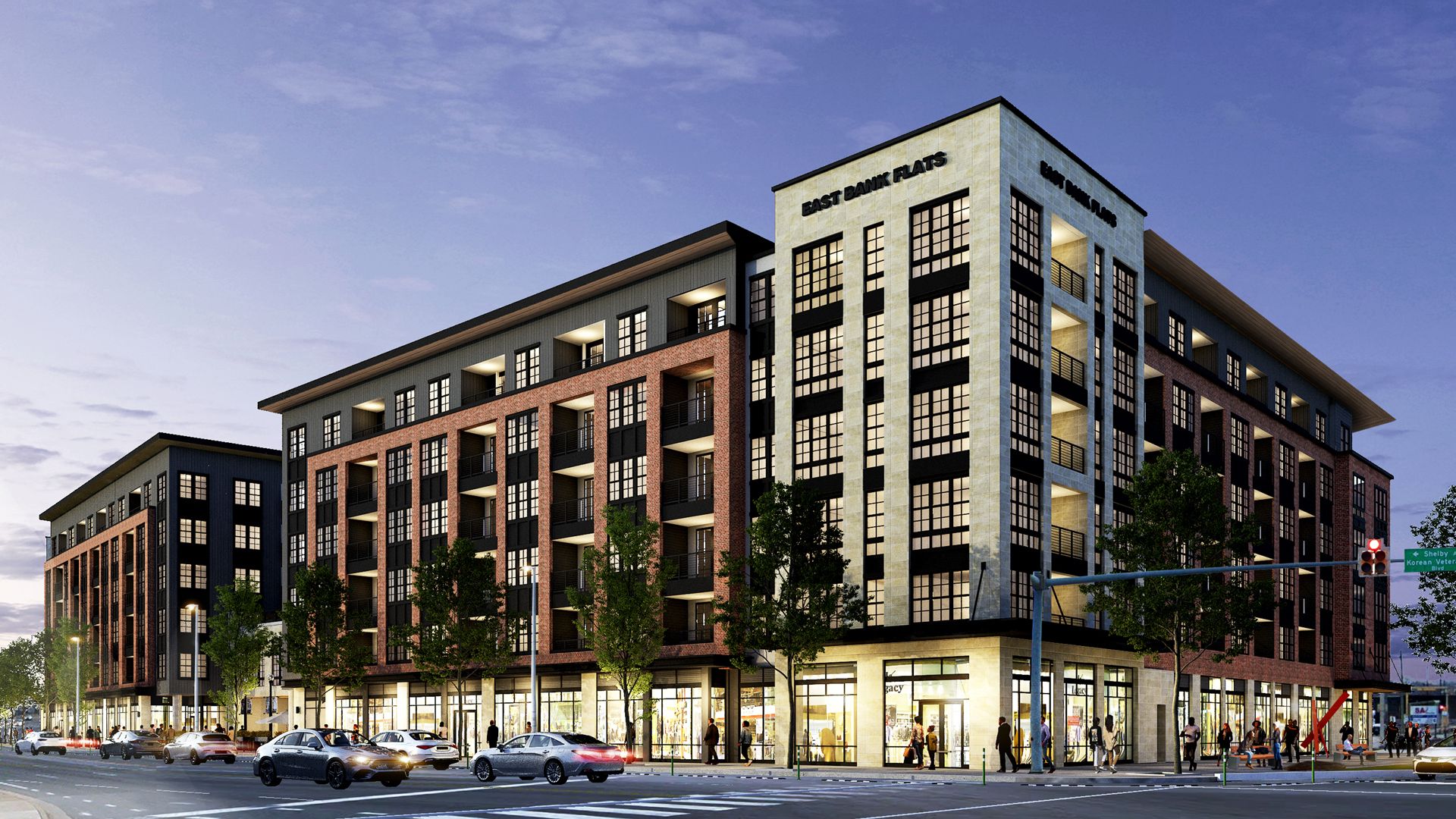 A rendering of Elmington Capital Group's mixed-use, affordable housing project on the East Bank.