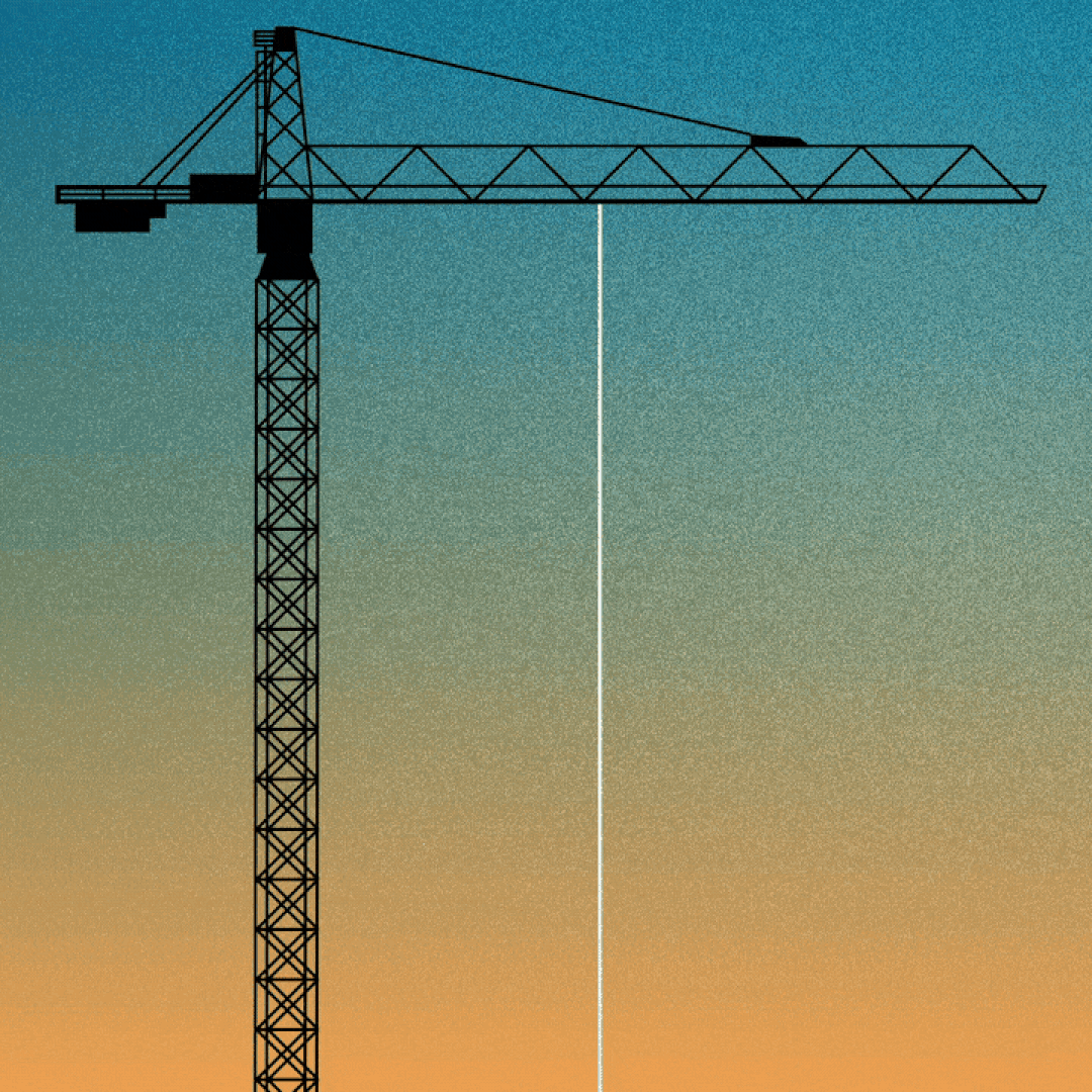 Illustration of a construction crane lifting another crane, which is lifting another crane, which is lifting another crane.