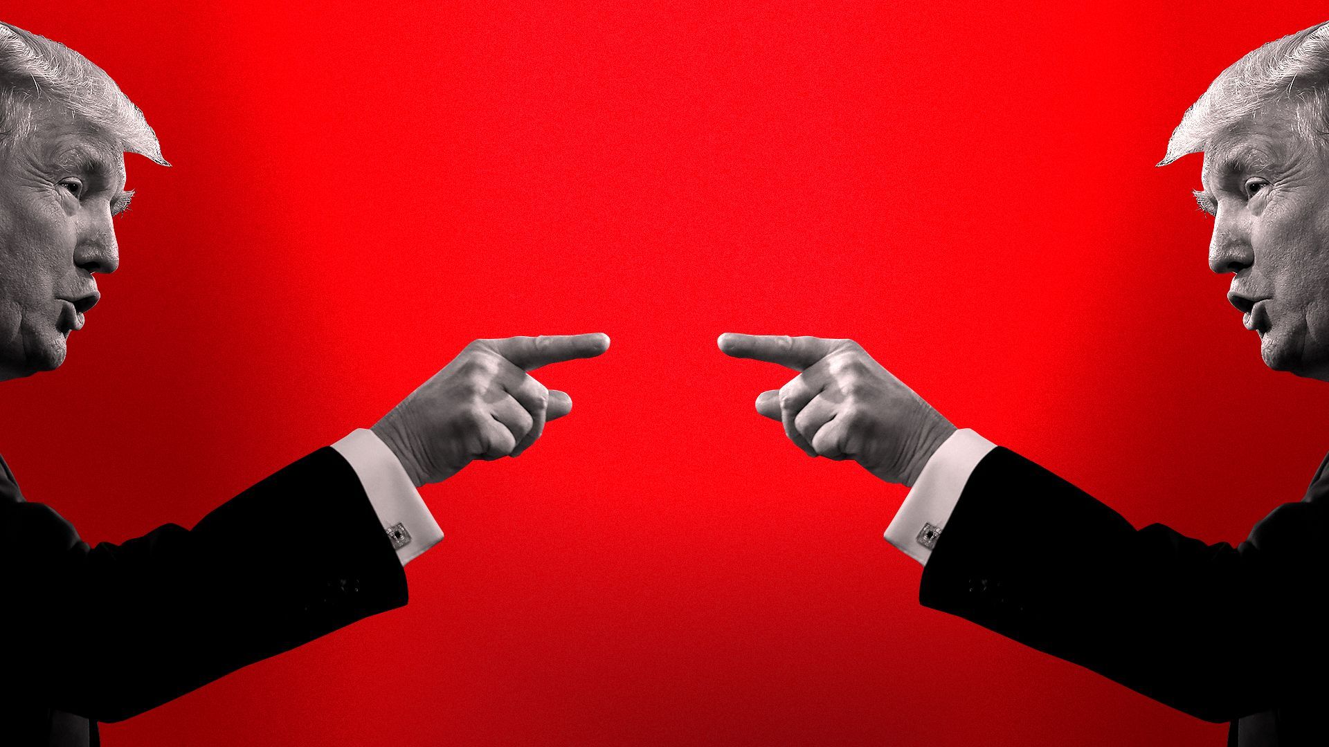 Photo illustration of two mirror images of Trump pointing his finger