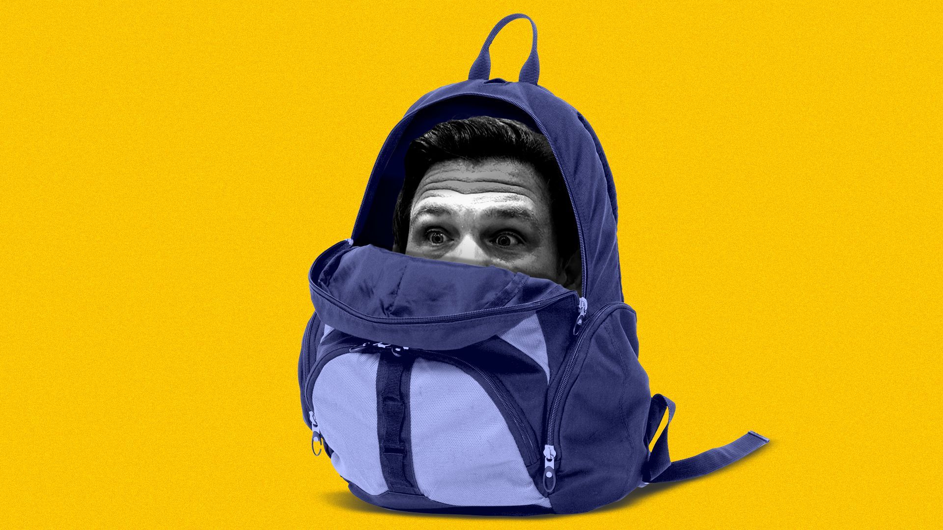 Photo illustration of Florida Gov. Ron DeSantis inside a backpack, peeking out.