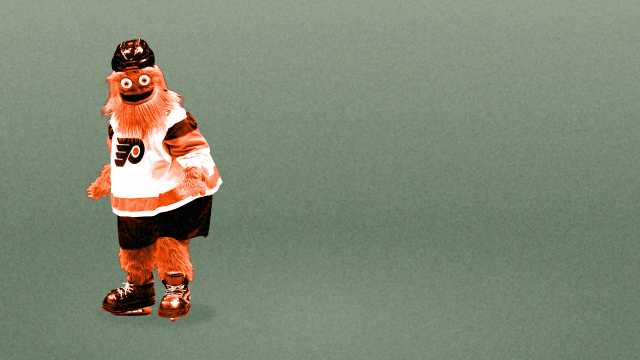 Animated photo illustration of Philadelphia's sports mascots, Gritty, the Philly Phanatic, Franklin the Dog, and Swoop the Eagle, appearing and disappearing in different poses around a circle.