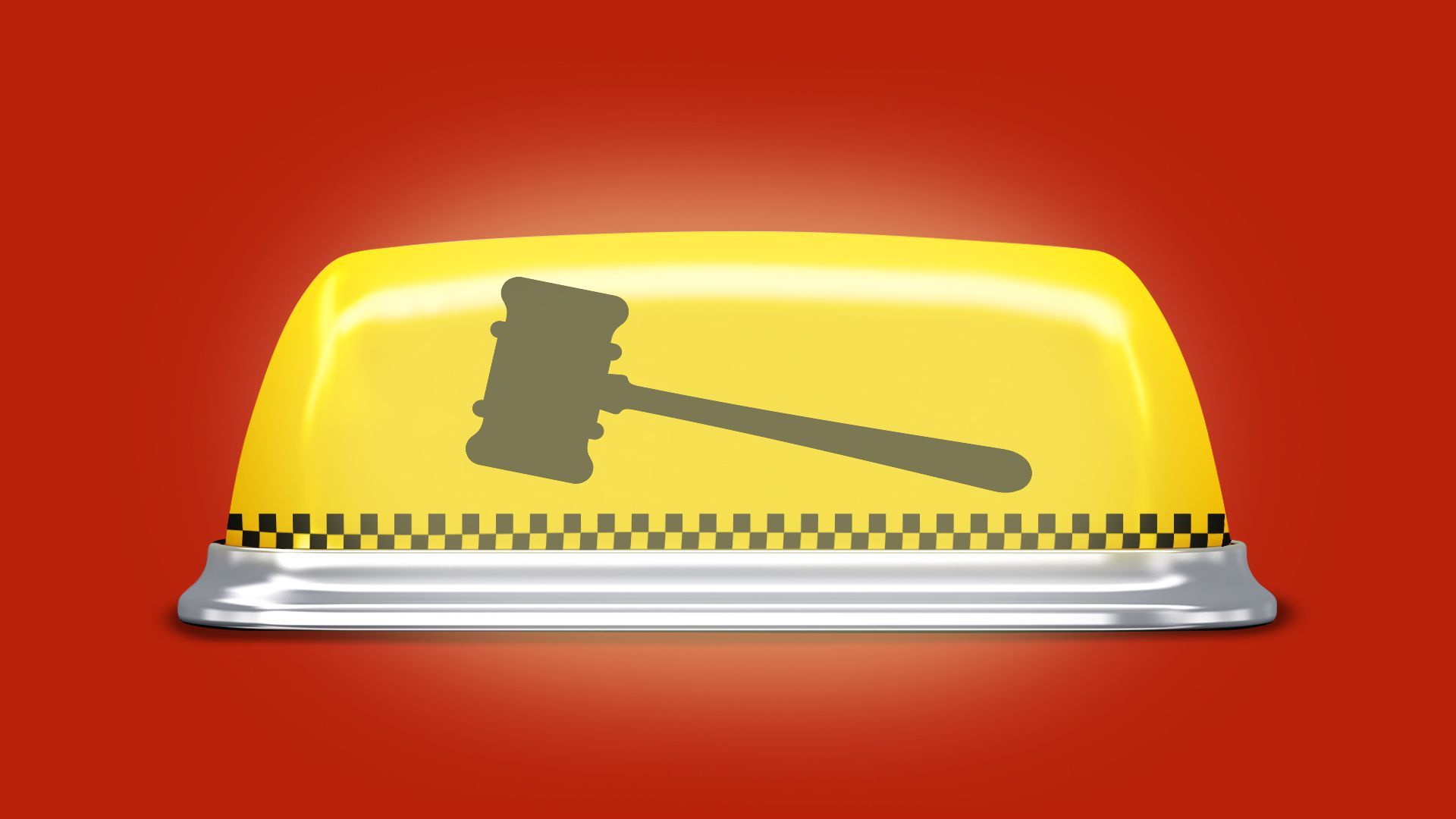 Illustration of a taxi rooflight stylized with a checker pattern and the outline of a gavel. 