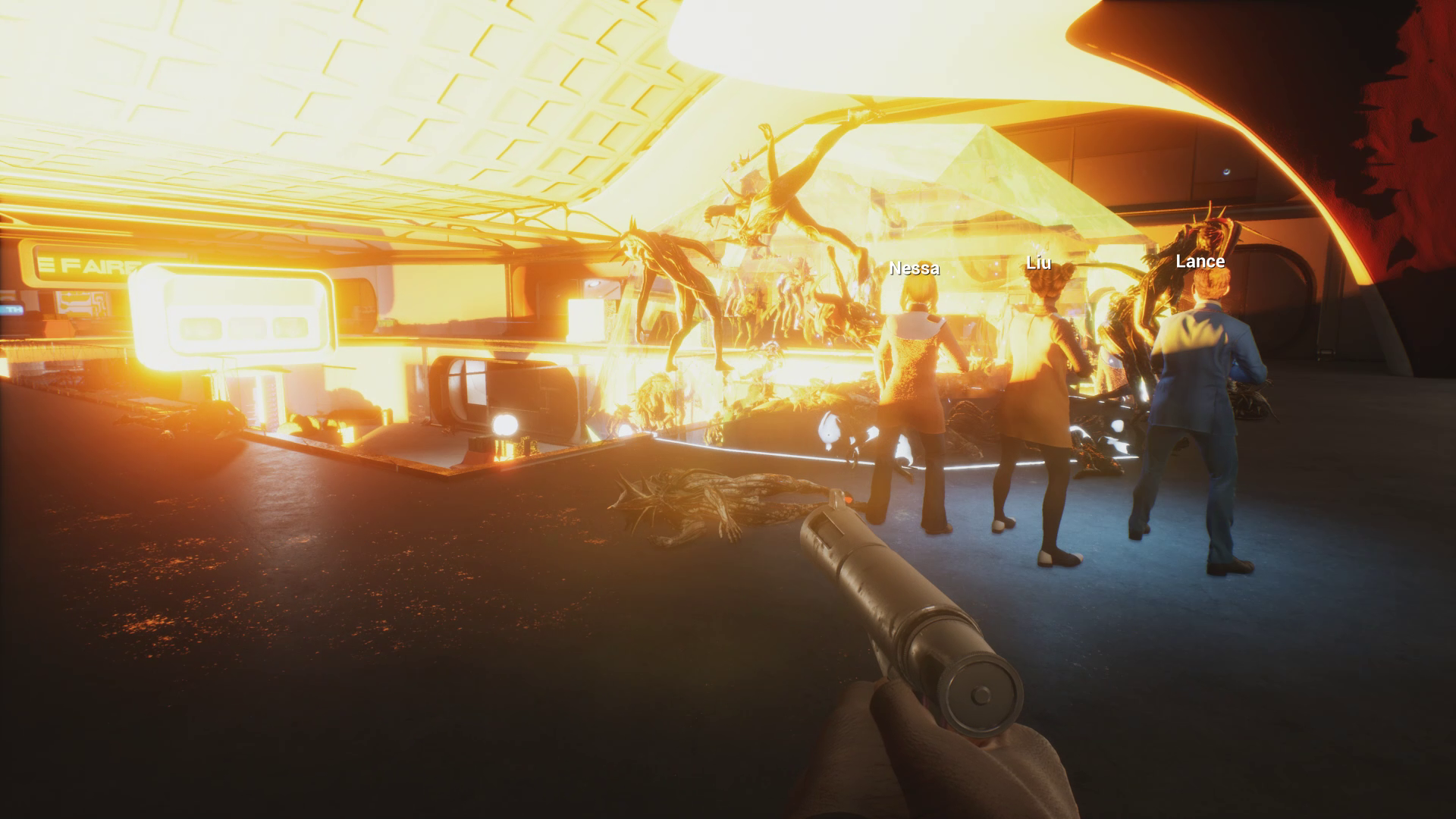 Characters from the game"Redfall" stand over a bright light. 