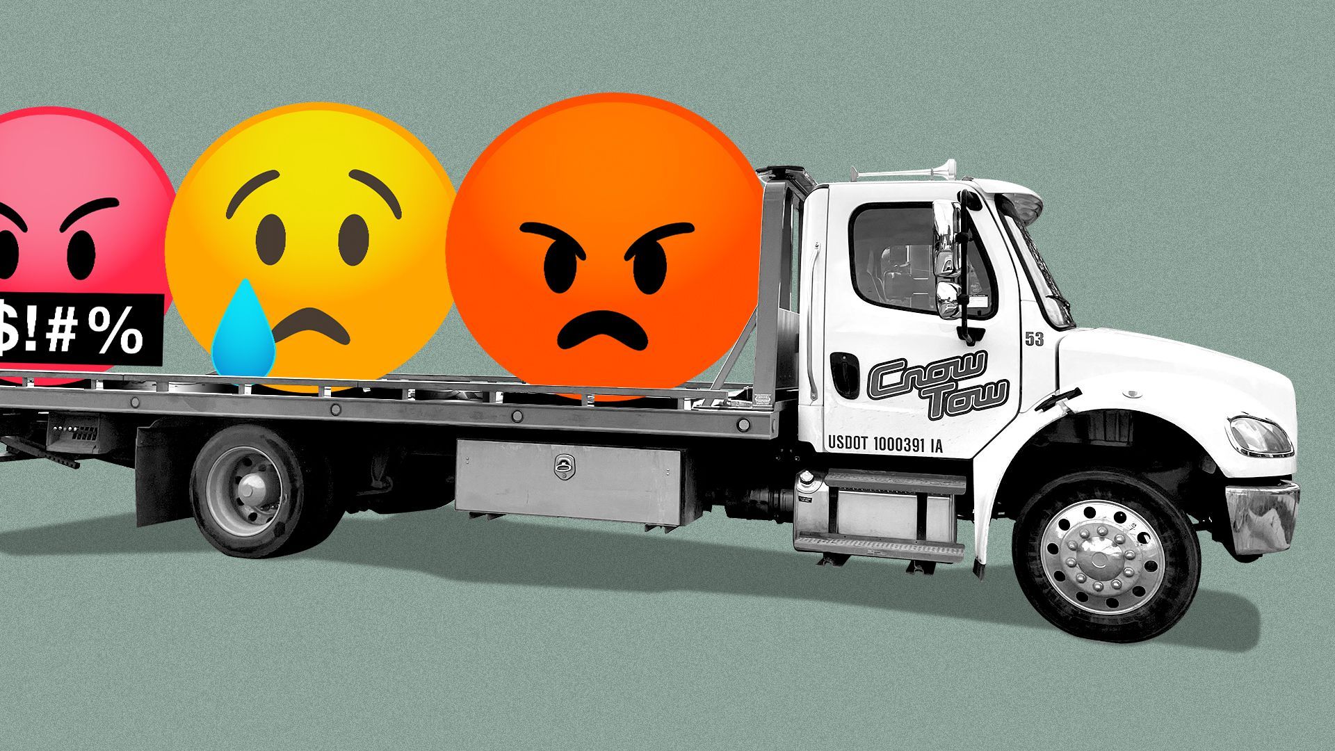 Photo illustration of a tow tow truck carrying three emojis, one angry, one sad and one swearing.