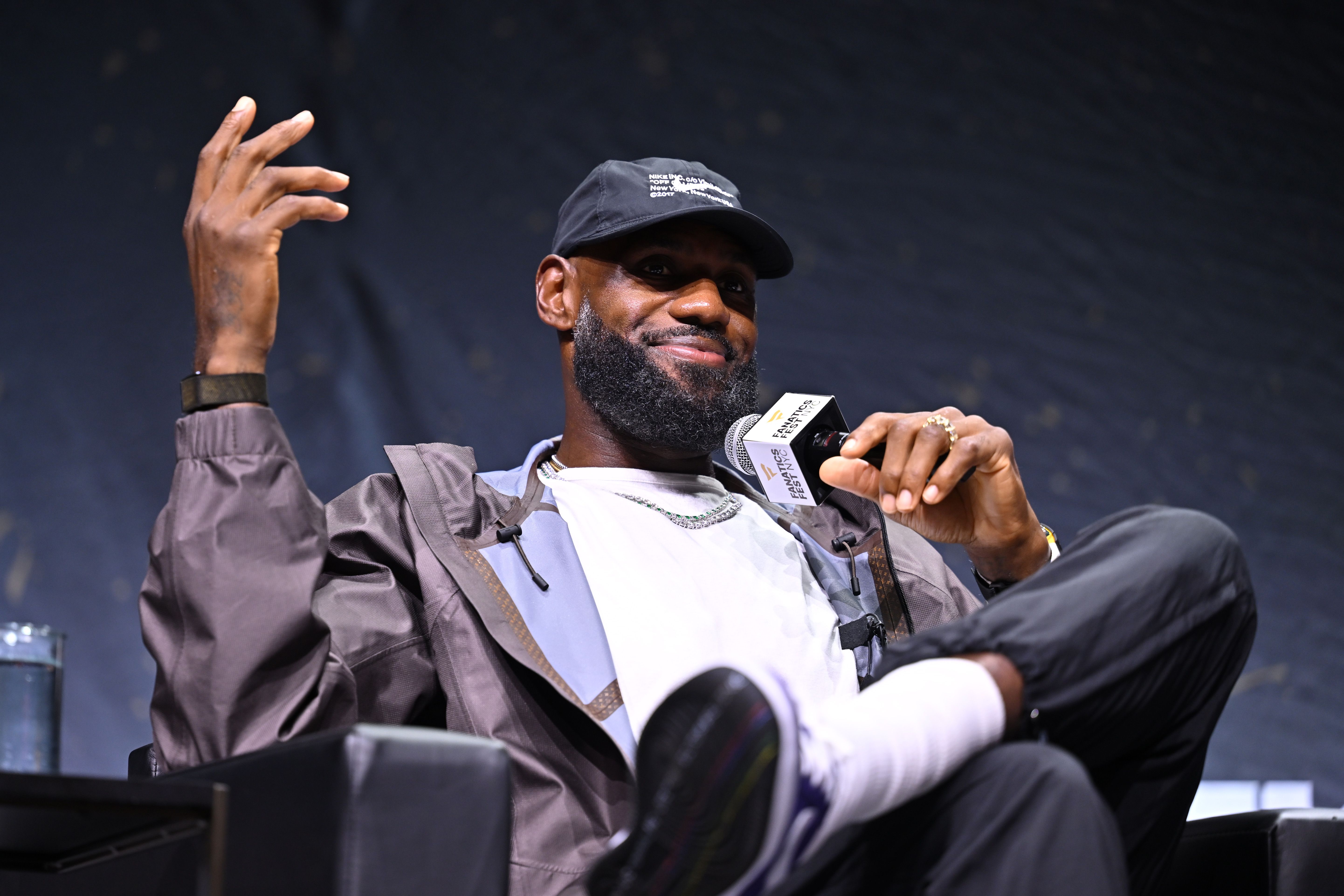 LeBron James speaks onstage at Fanatics Fest NYC 2026