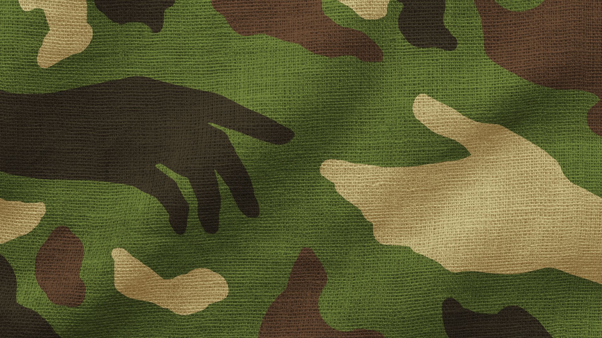 Illustration of military camouflage with patterns in the shape of reaching hands