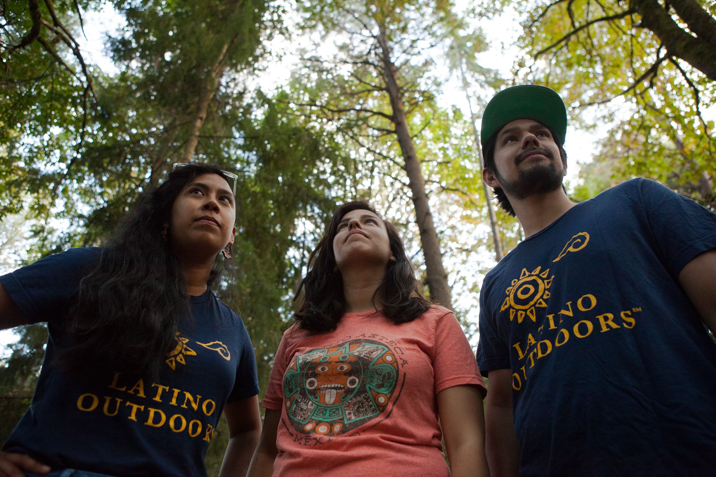 Iris Zacarías, Michelle Piñon and Alfonso Orozco, volunteers for Latino Outdoors, pose for a portrait in Seattle, Wash., on Thursday, Aug. 30, 2018. 