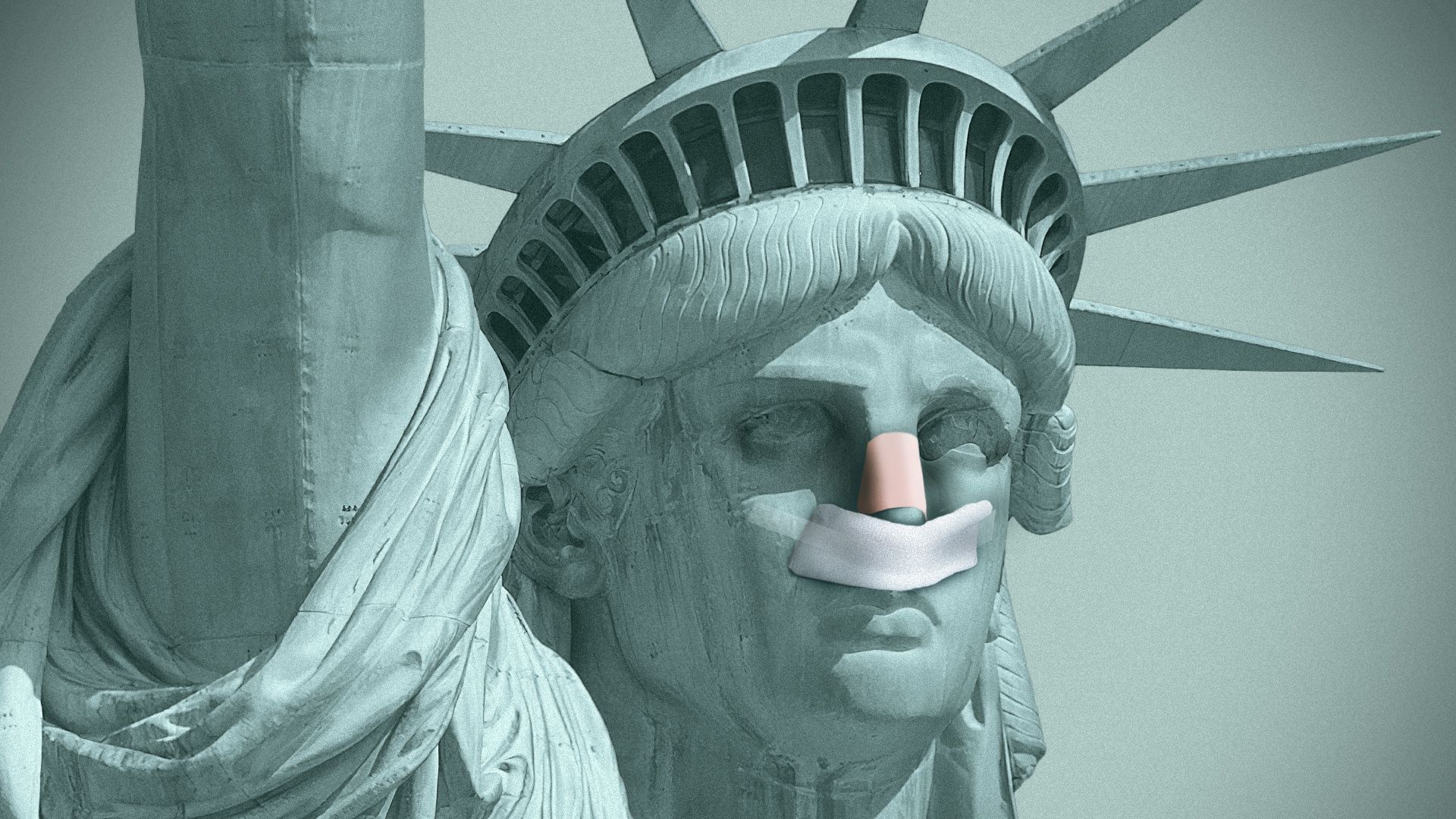Illustration of the Statue of Liberty with a bandage from a nose job and slightly bruised eyes. 