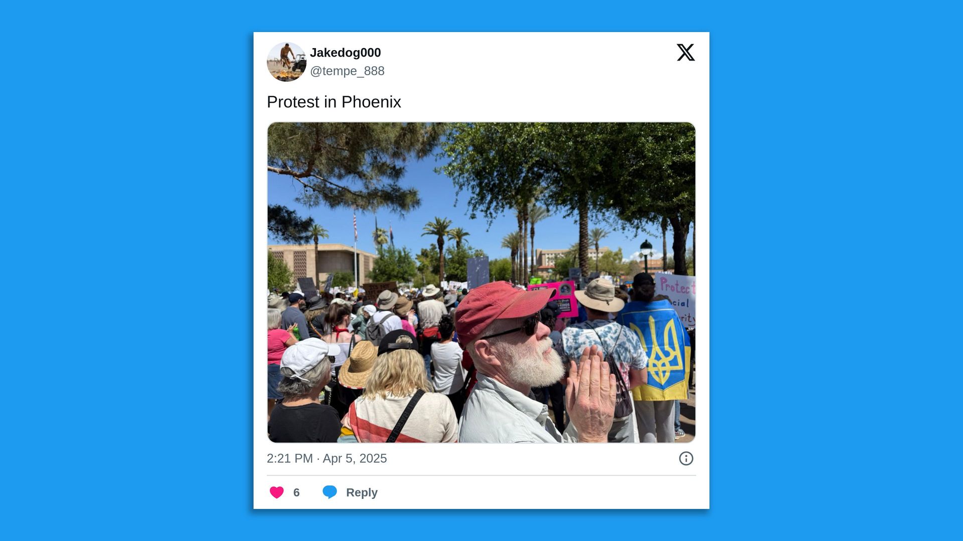 A screenshot of a tweet depicting protesters at the Arizona Capitol, with a message that reads, "Protest in Phoenix."