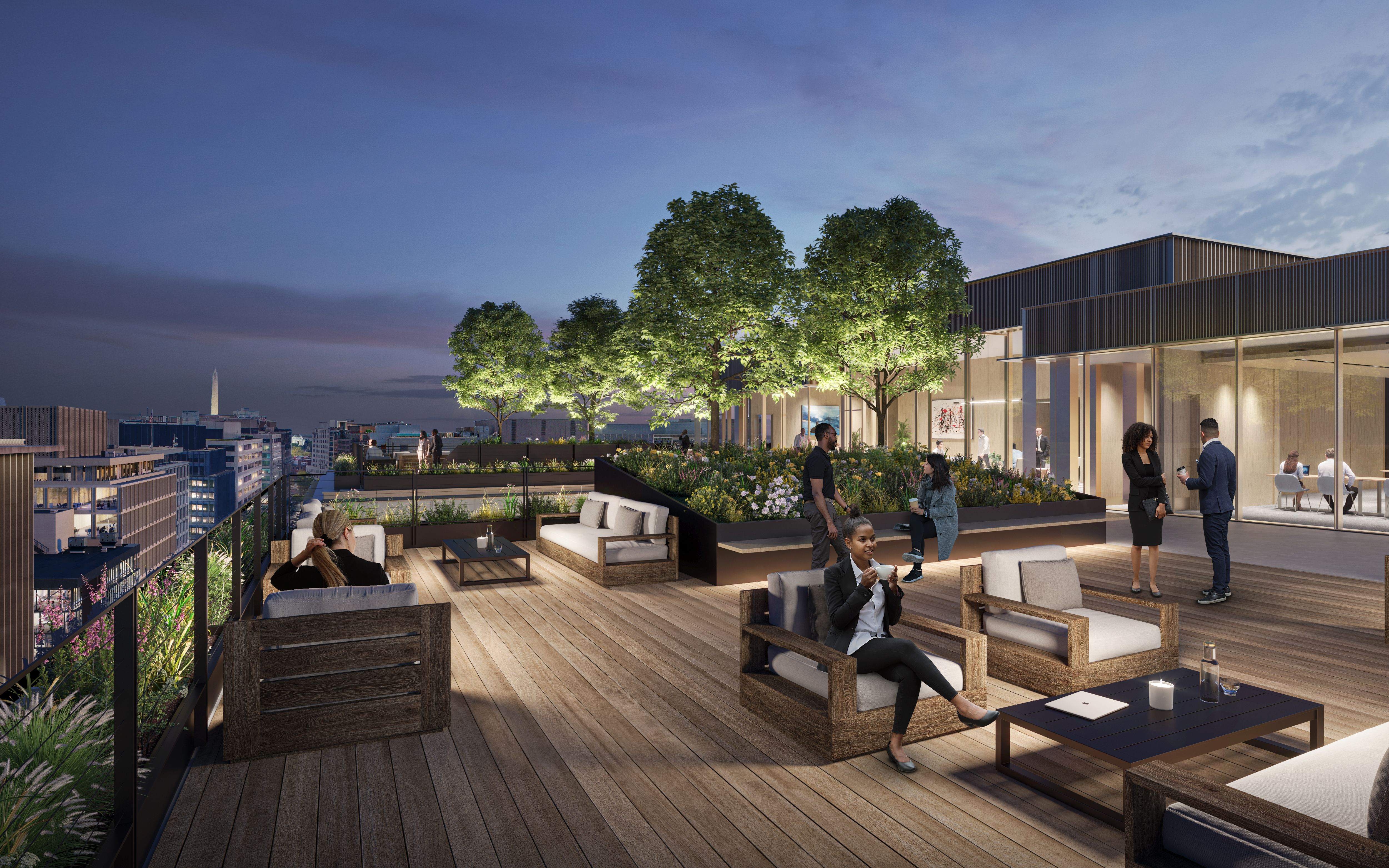 A rooftop terrace with Monument views