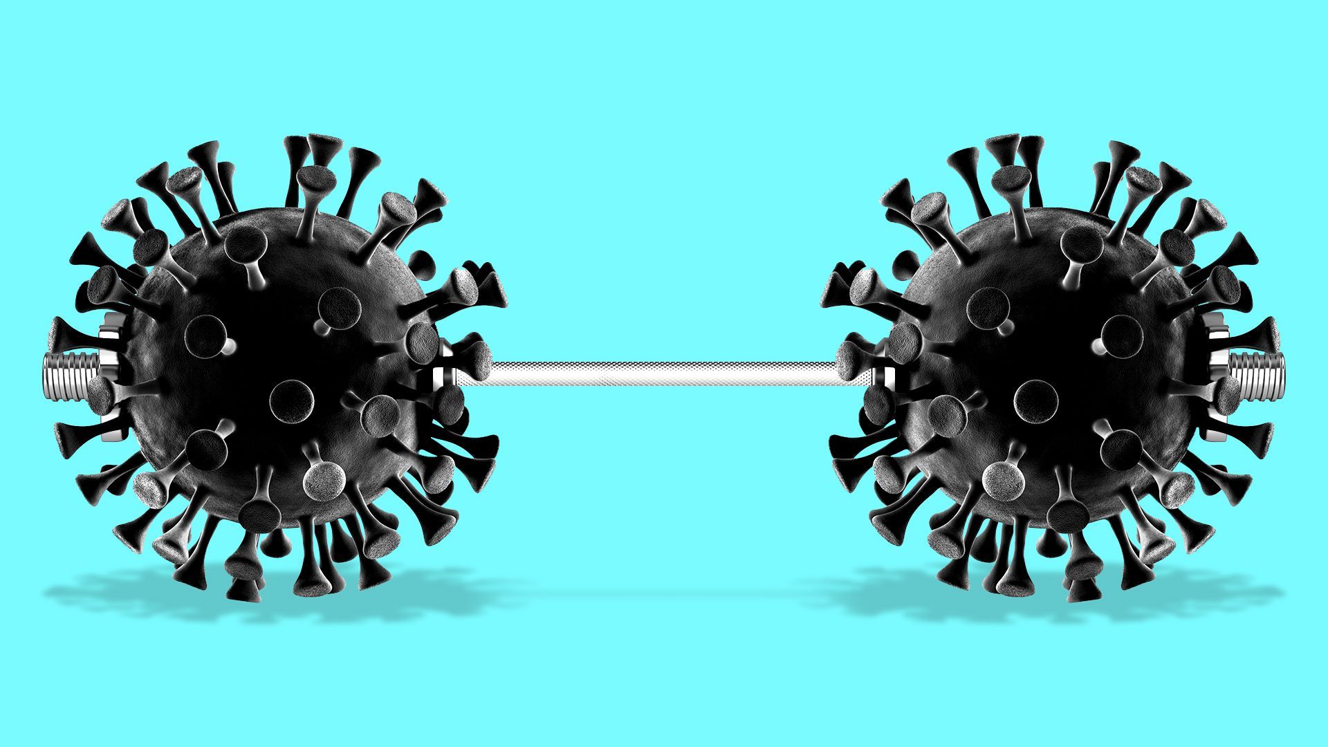 Illustration of a barbell with COVID-19 cells as the weights. 