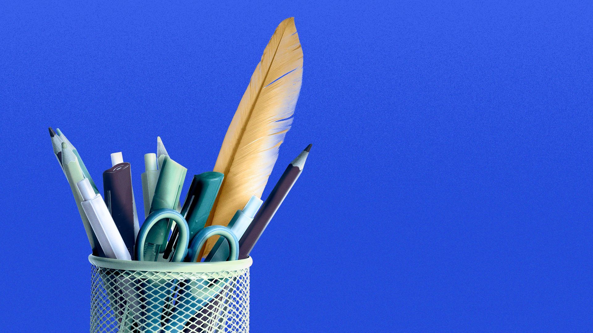 Illustration of a cup full of pencils, pens, and a feather quill. 