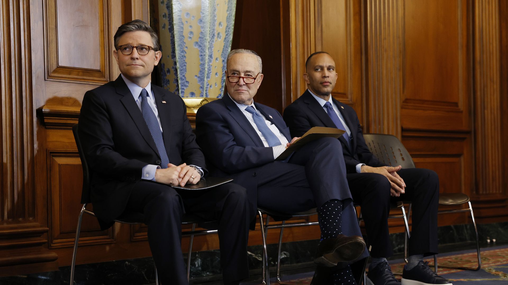 House Speaker Mike Johnson (R-LA), Senate Majority Leader Chuck Schumer (D-NY) and House Minority Leader Hakeem Jeffries (D-NY) listen during a Hanukkah reception at the Capitol on Dec. 17, 2024. (Photo by Anna Moneymaker/Getty Images)