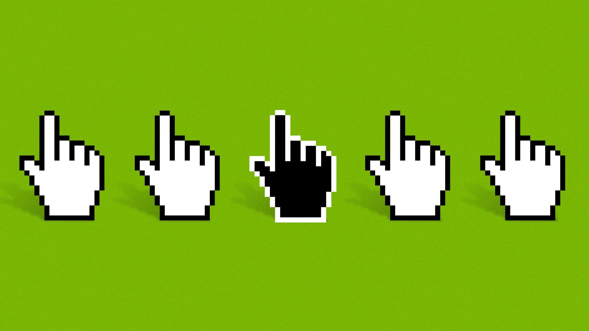 Illustration of five hand cursors, four are white, one is black. 