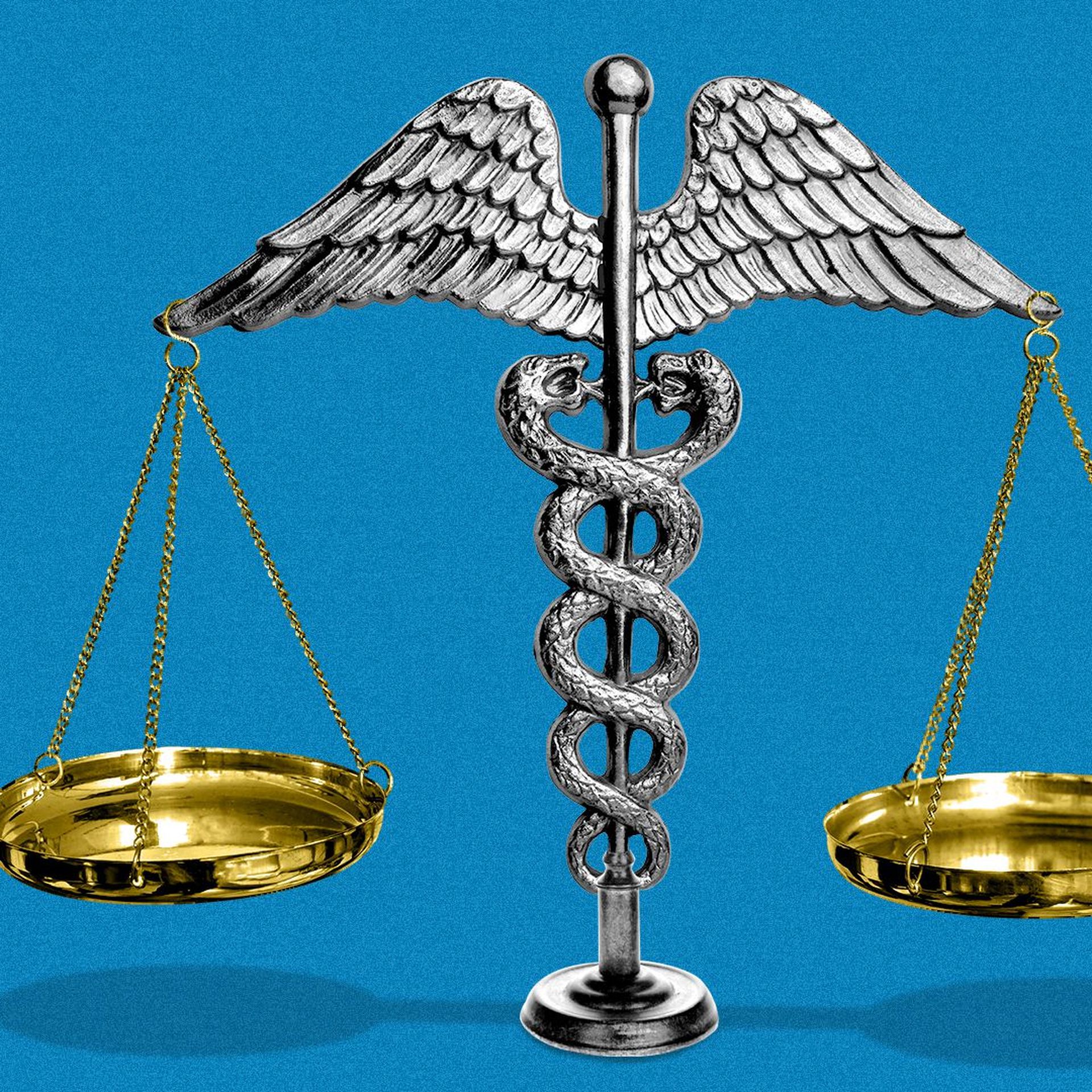 Illustration of the scales of justice hanging from a caduceus.