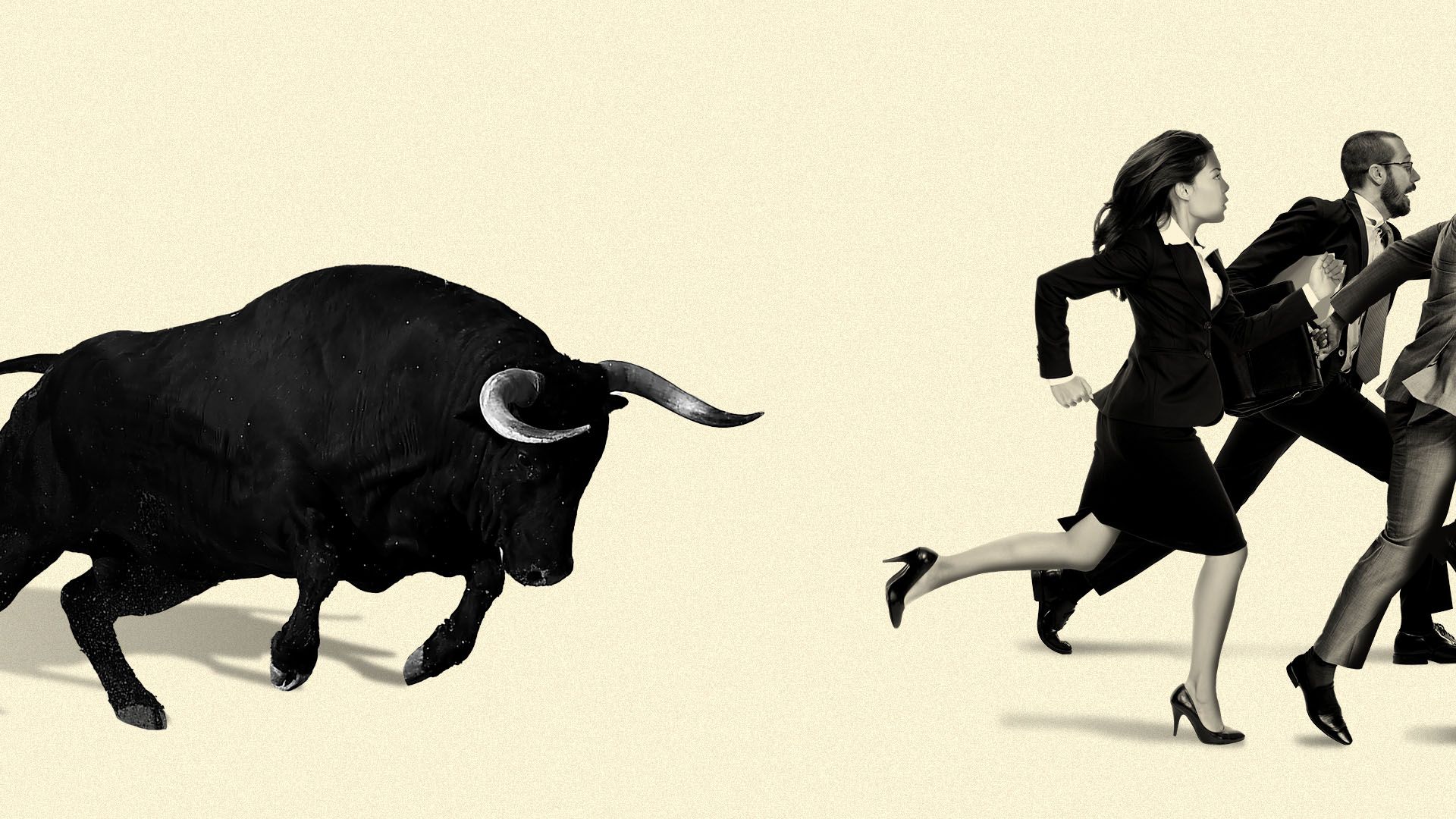 Illustration of a bull chasing a group of business people