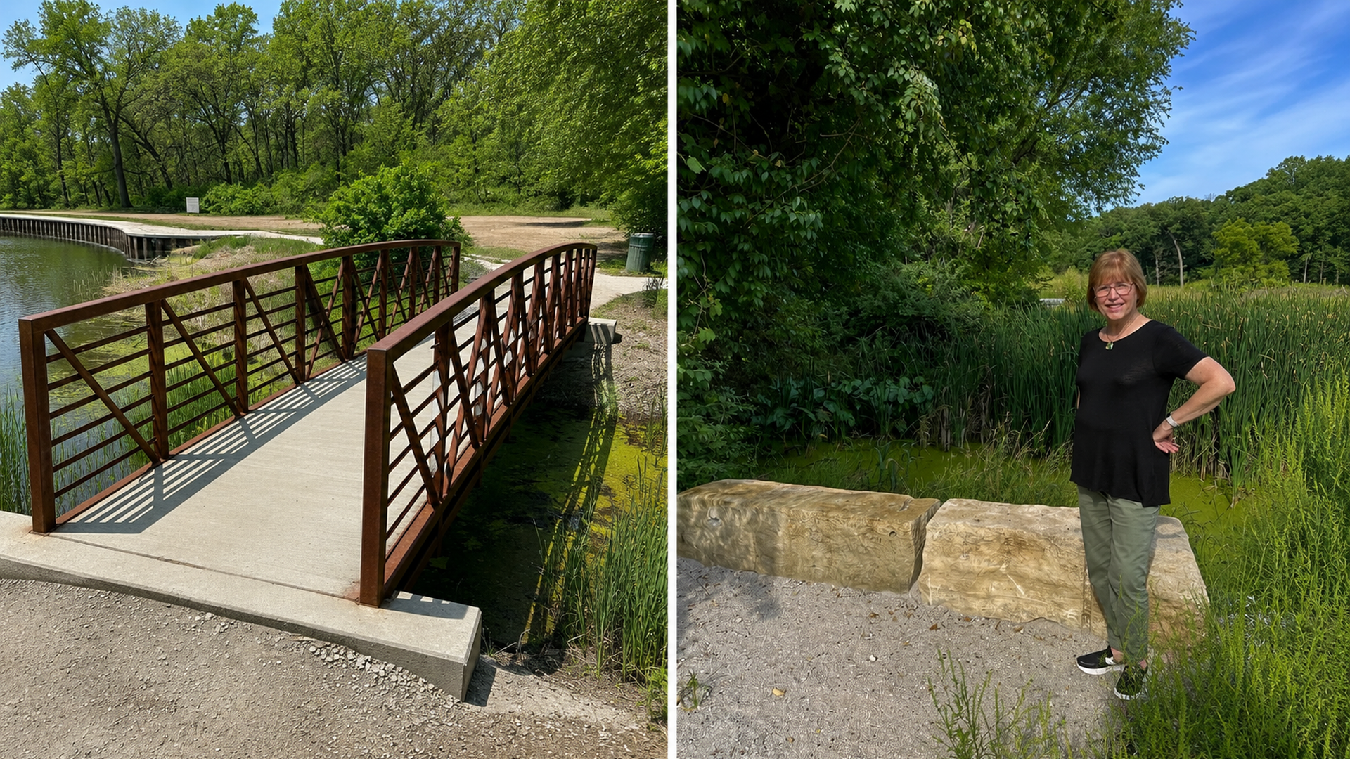 Split image: left a brown lattice-rail bridge over a pond with trees; right a woman in a black top and green pants stands by tall reeds, smiling in bright outdoor light.