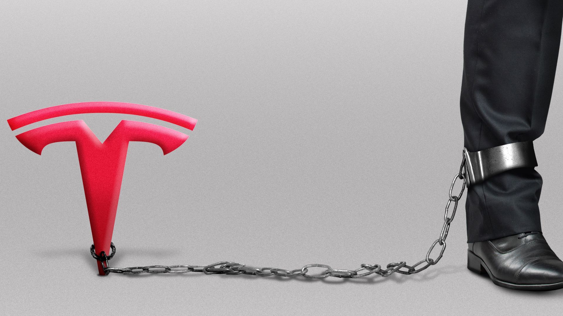 Illustration of a leg in a suit chained to a stake in the shape form of a Tesla logo