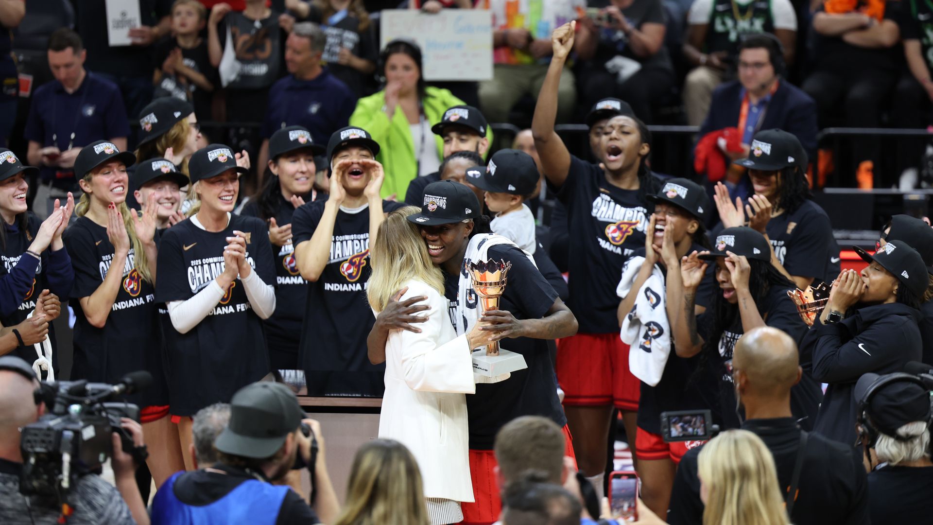 Cathy Engelbert presents Natasha Howard #6 of the Indiana Fever the 2025 WNBA Commissioner's Cup Most Valuable Player trophy after wining the 2025 WNBA Commissioner's Cup Game against the Minnesota Lynx on July 1, 2025 at Target Center in Minneapolis, Minnesota. 