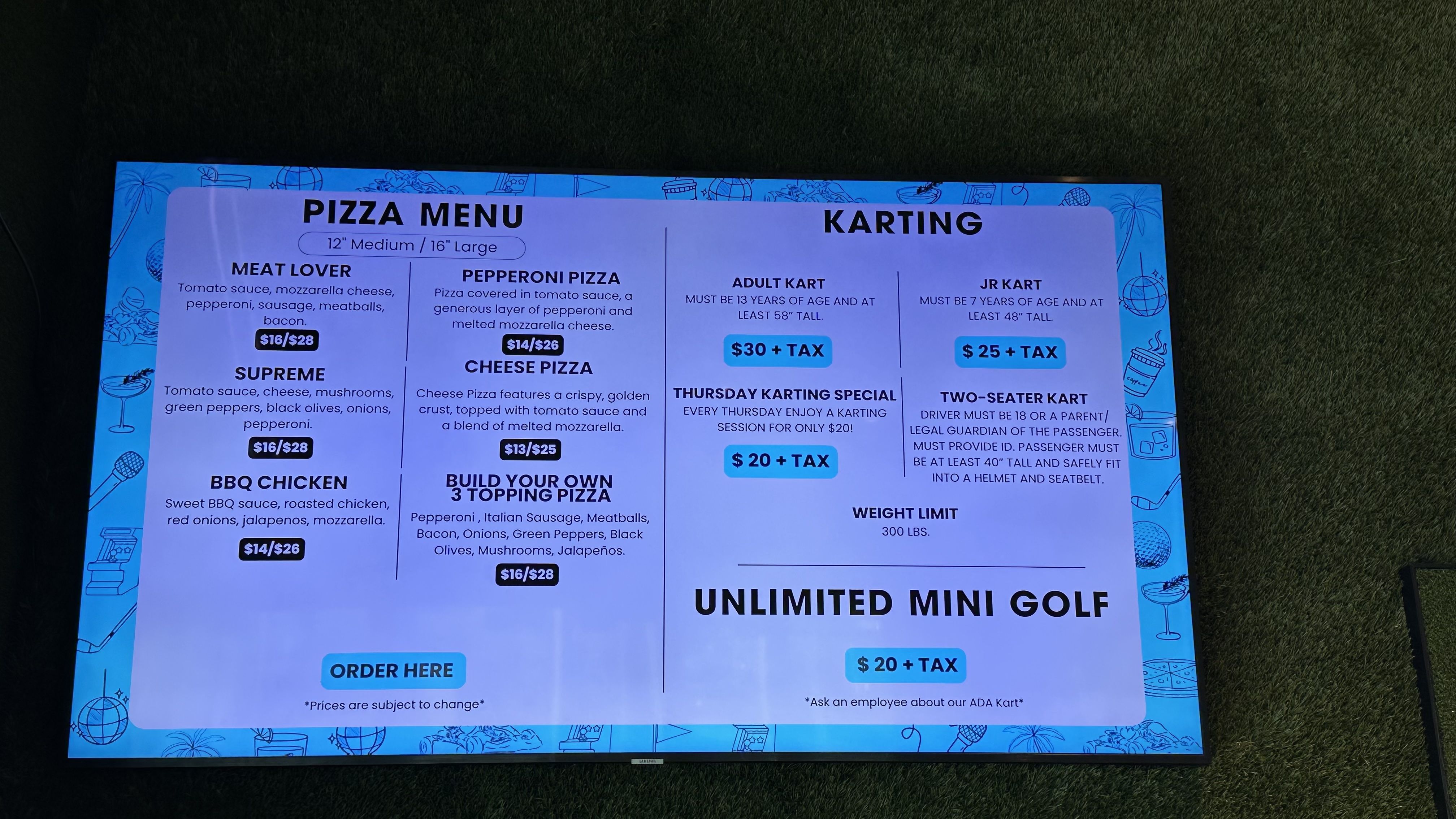 image shows a sign with pizza prices at Throttle & Swing
