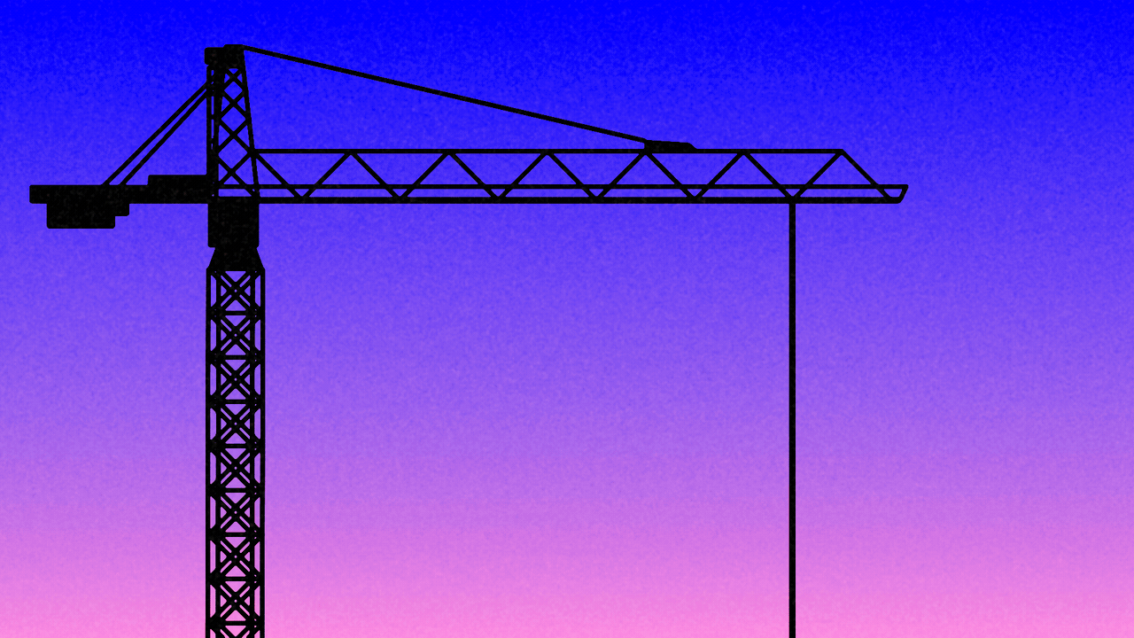 Animated illustration of a construction crane lifting a giant foam finger that reads "#1."