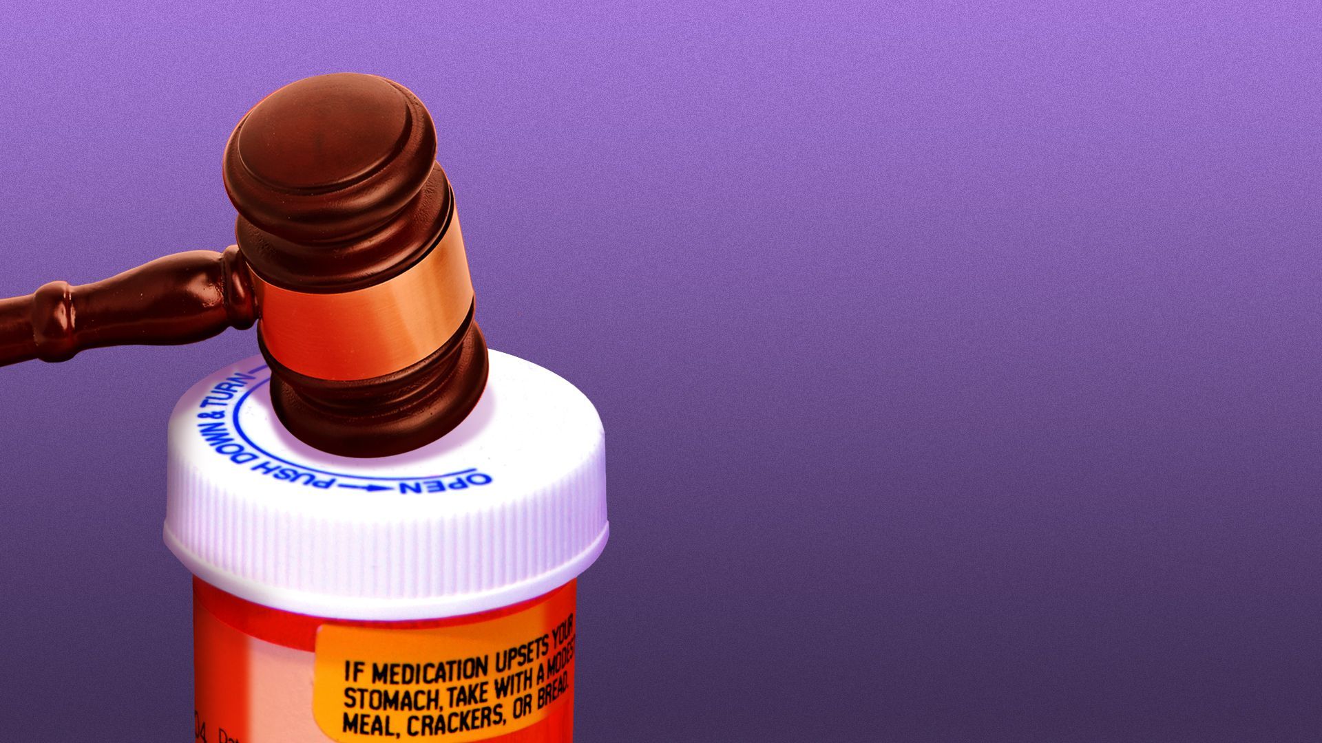 Illustration of a gavel hitting the top of a prescription pill bottle