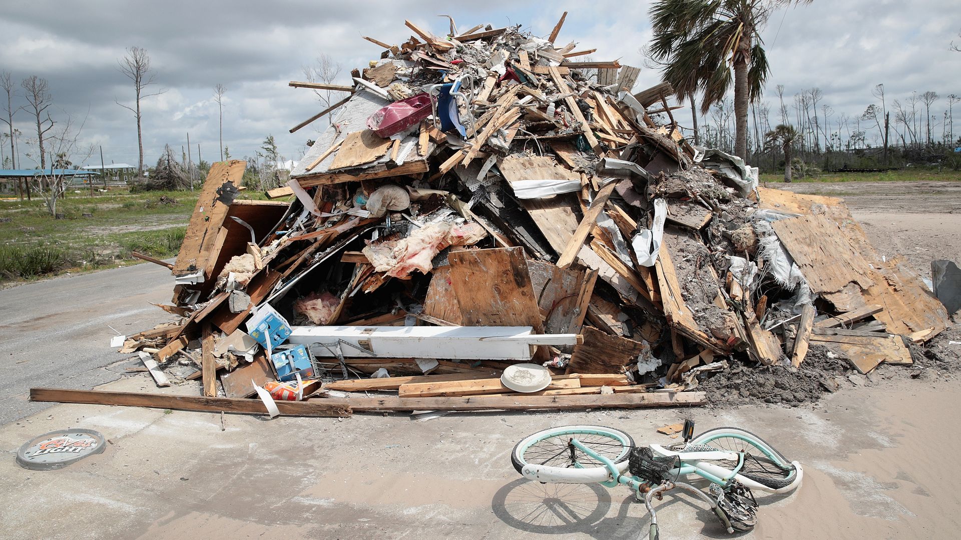 Debris sitting on a road after Hurricane Michael