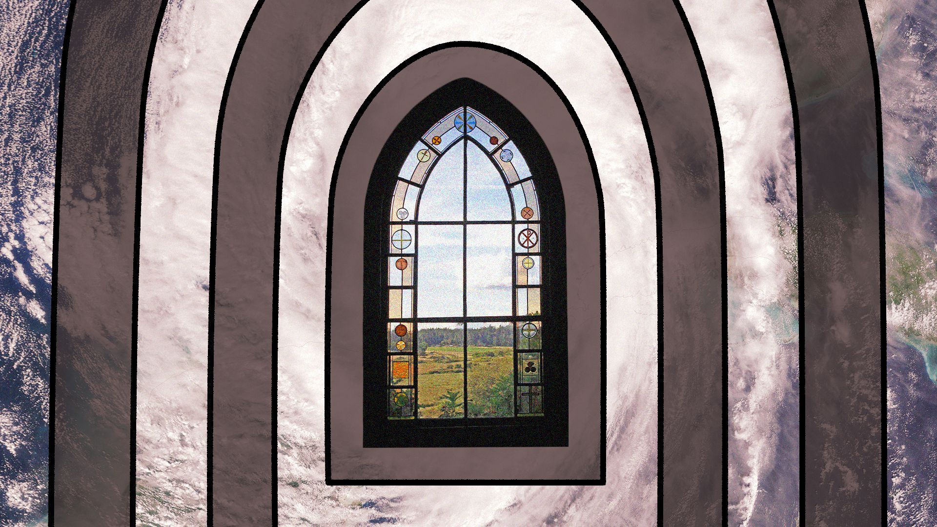 Photo illustration collage of a stained glass church window surrounded by radiating window-shapes filled with a satellite image of Hurricane Wilma
