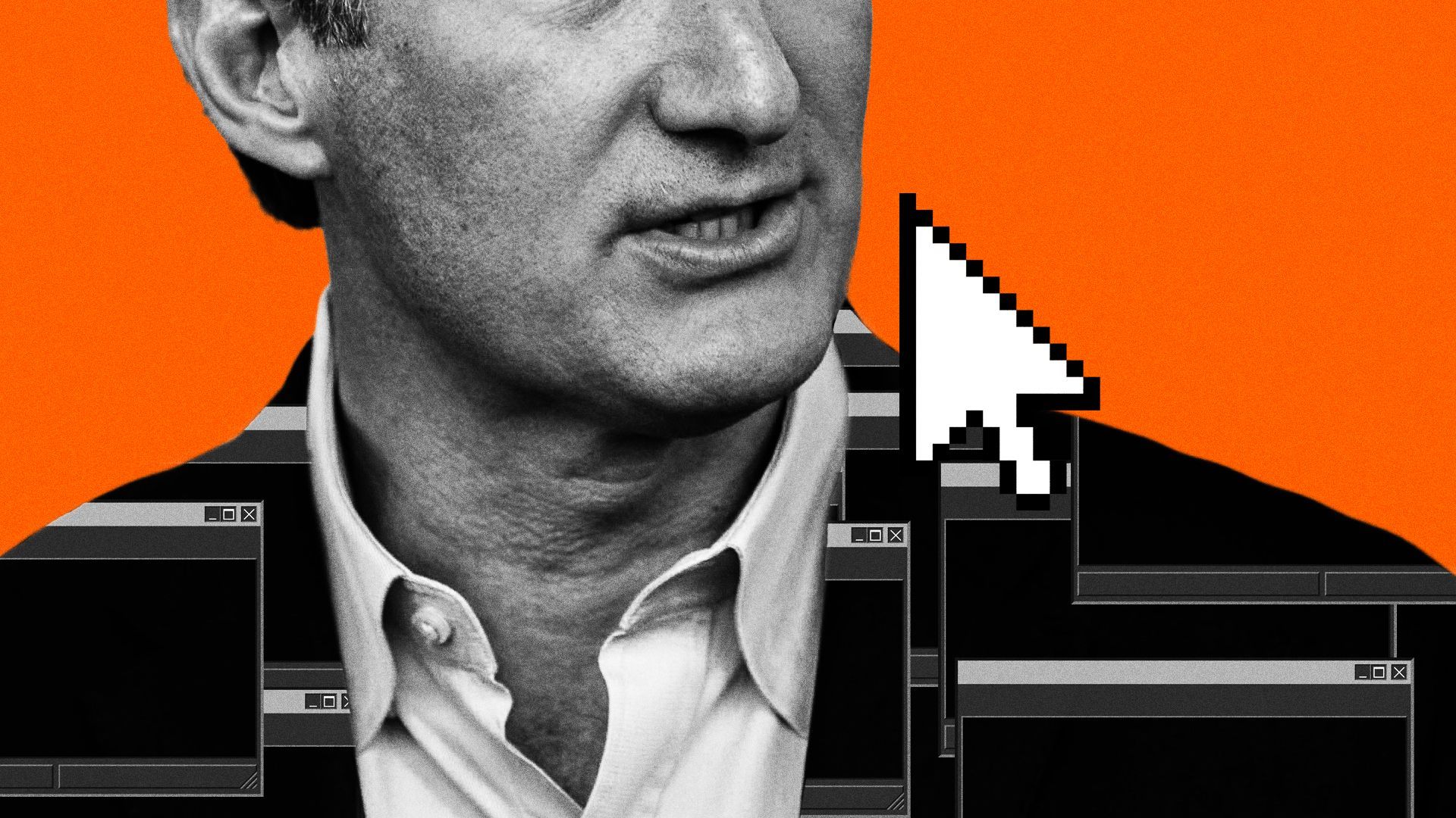 Photo illustration collage of Glenn Youngkin surrounded by computer windows and an arrow cursor.