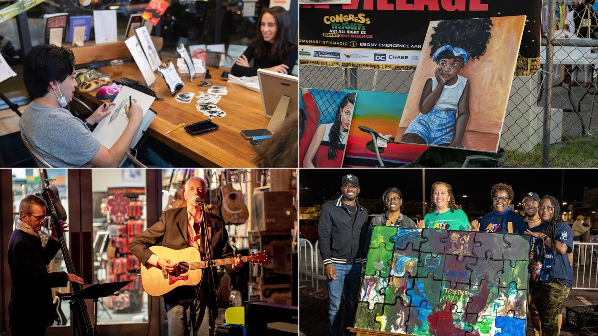 An image showing four photos from an art event: The top left image shows someone drawing, the top right image shows a painting of a girl, the bottom left shows a man playing guitar and the bottom right shows a group holding up a piece of artwork that looks like puzzle pieces. 