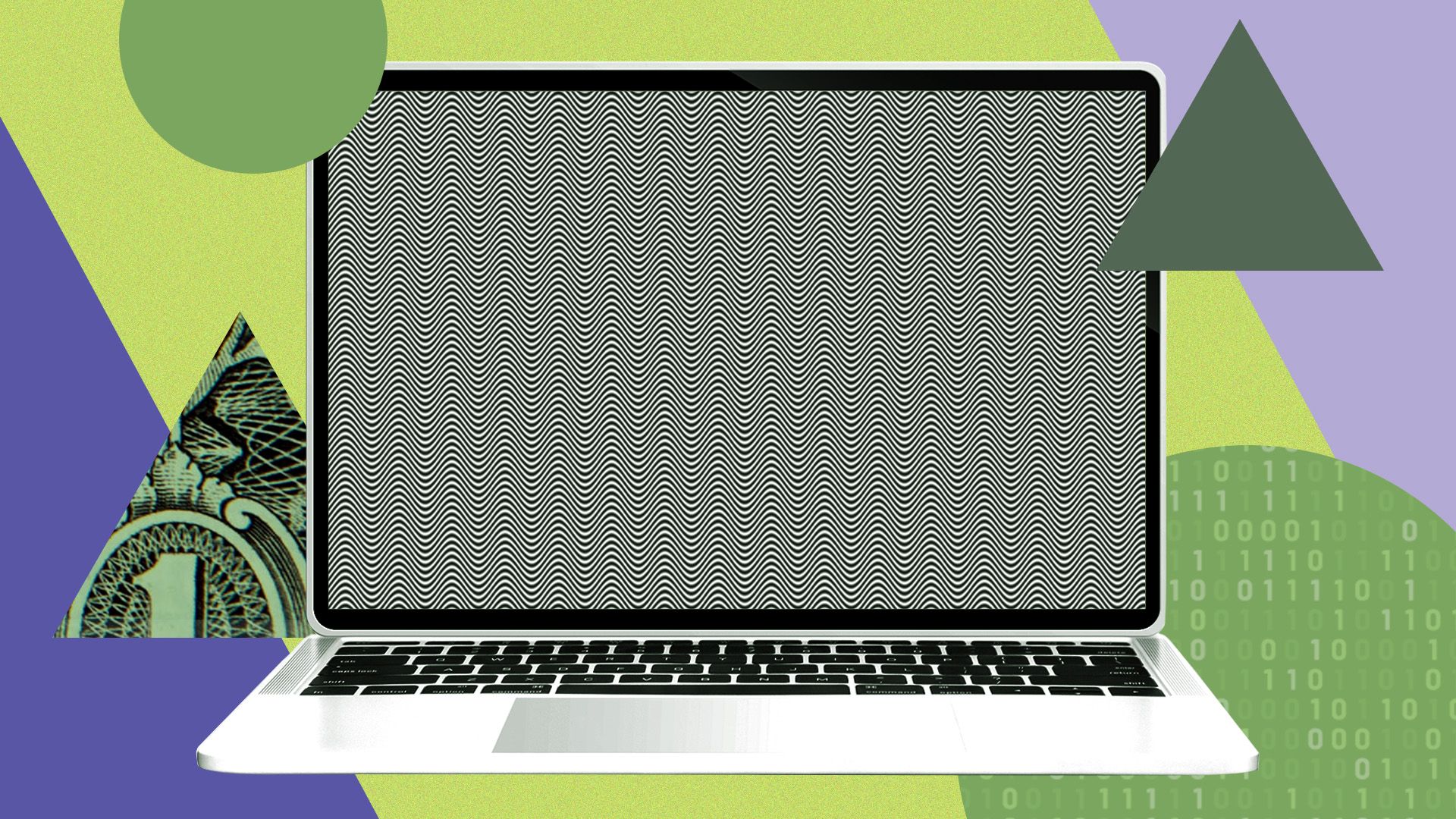 a computer surrounded by upward arrows, circles, binary code and money 