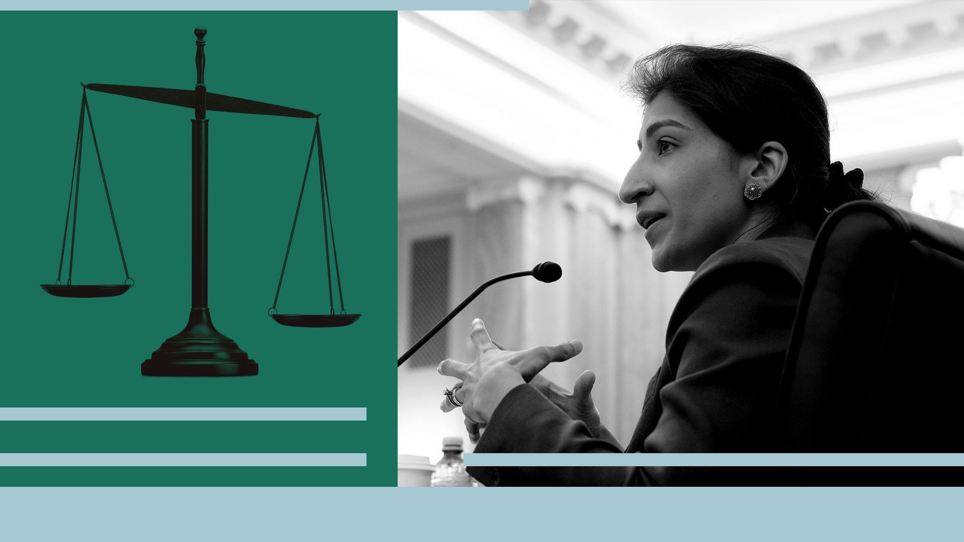 A photo illustration of FTC chair Lina Khan and scales of justice