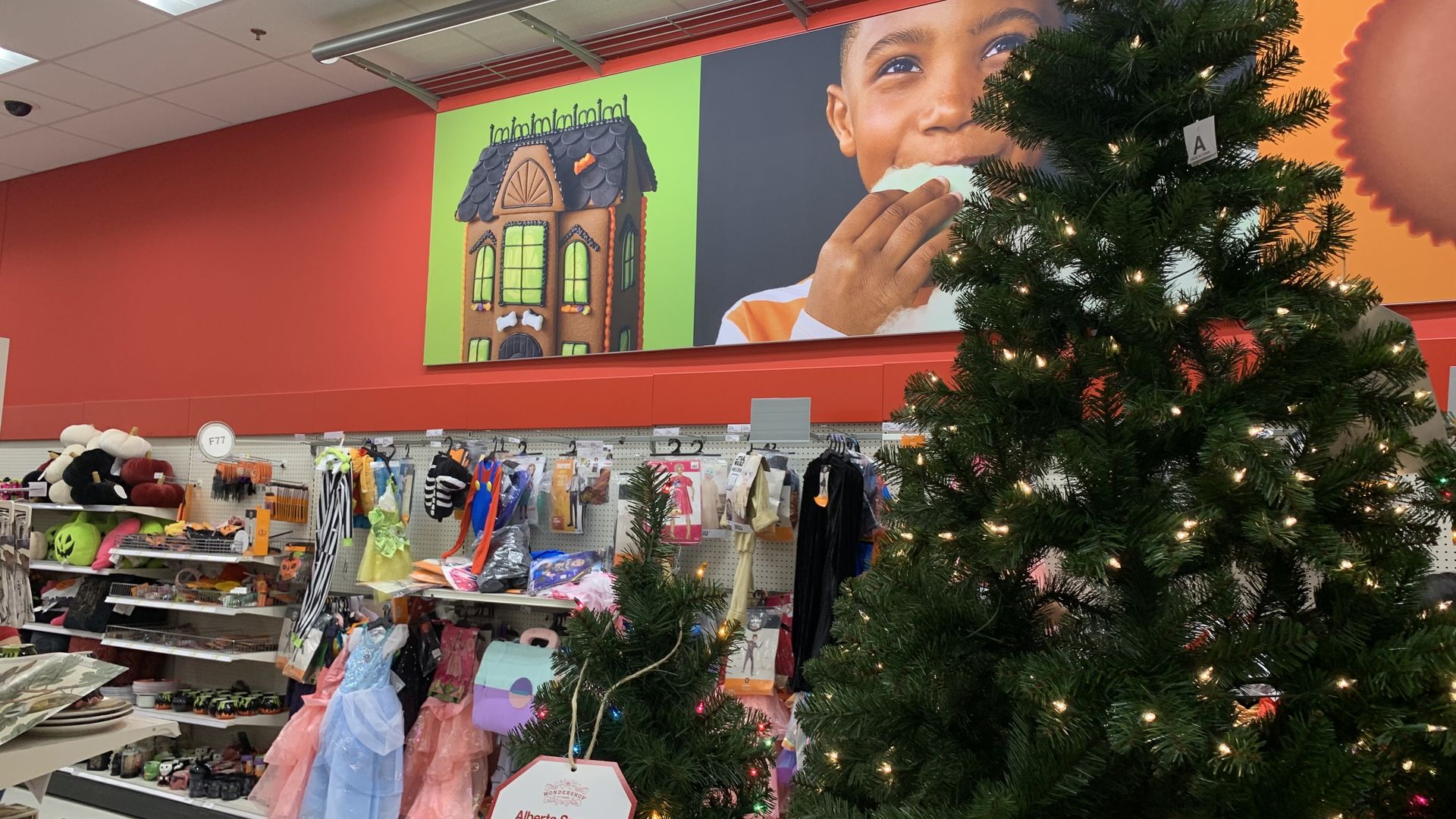 Photo of a Christmas tree on display next to Halloween costumes 