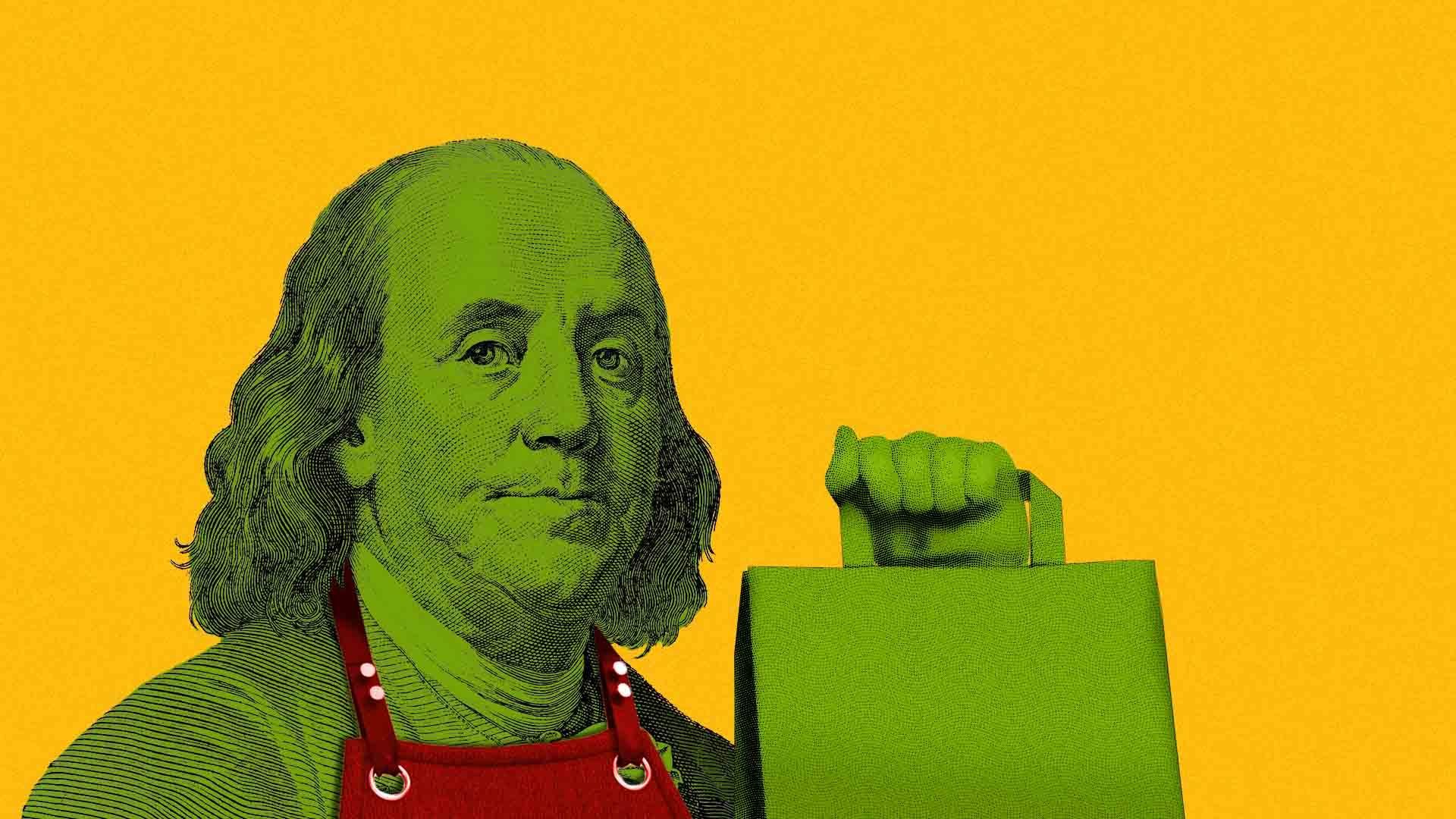 Illustration of Benjamin Franklin in a red apron holding a bag of groceries