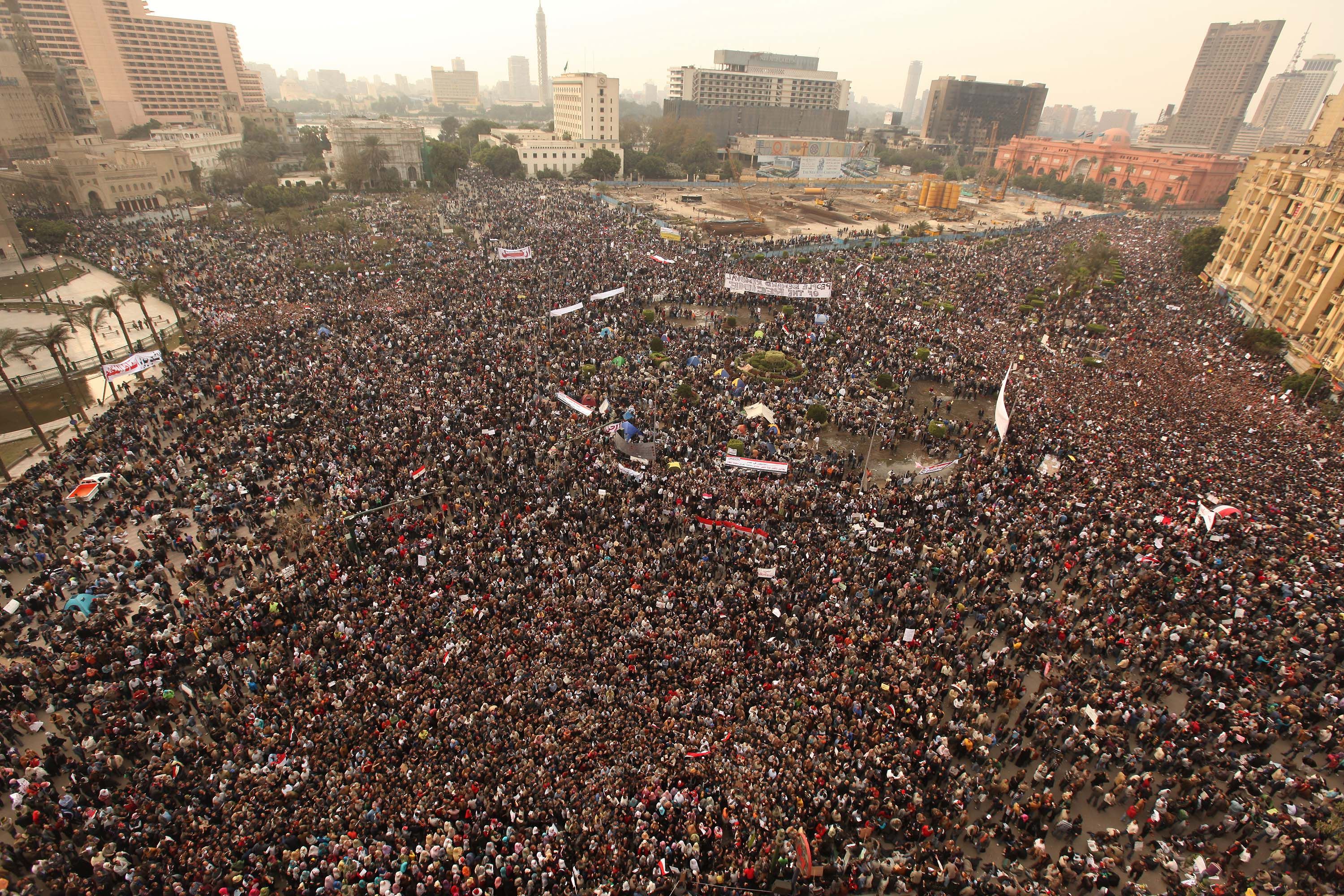  Protestors gather in Tahrir Square on February 1, 2011 in Cairo, Egypt. 