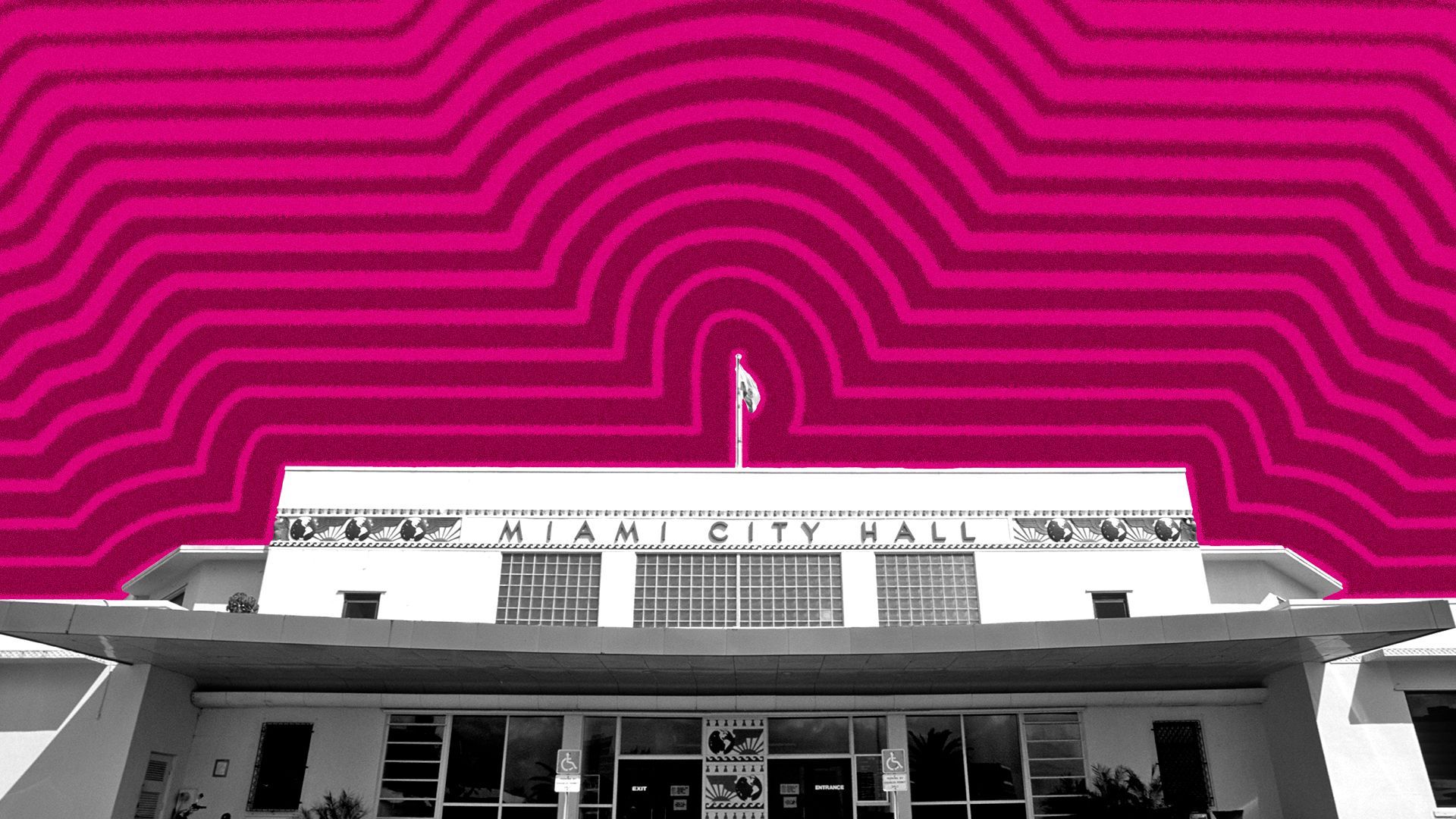 Photo illustration of Miami City Hall with lines radiating from it. 