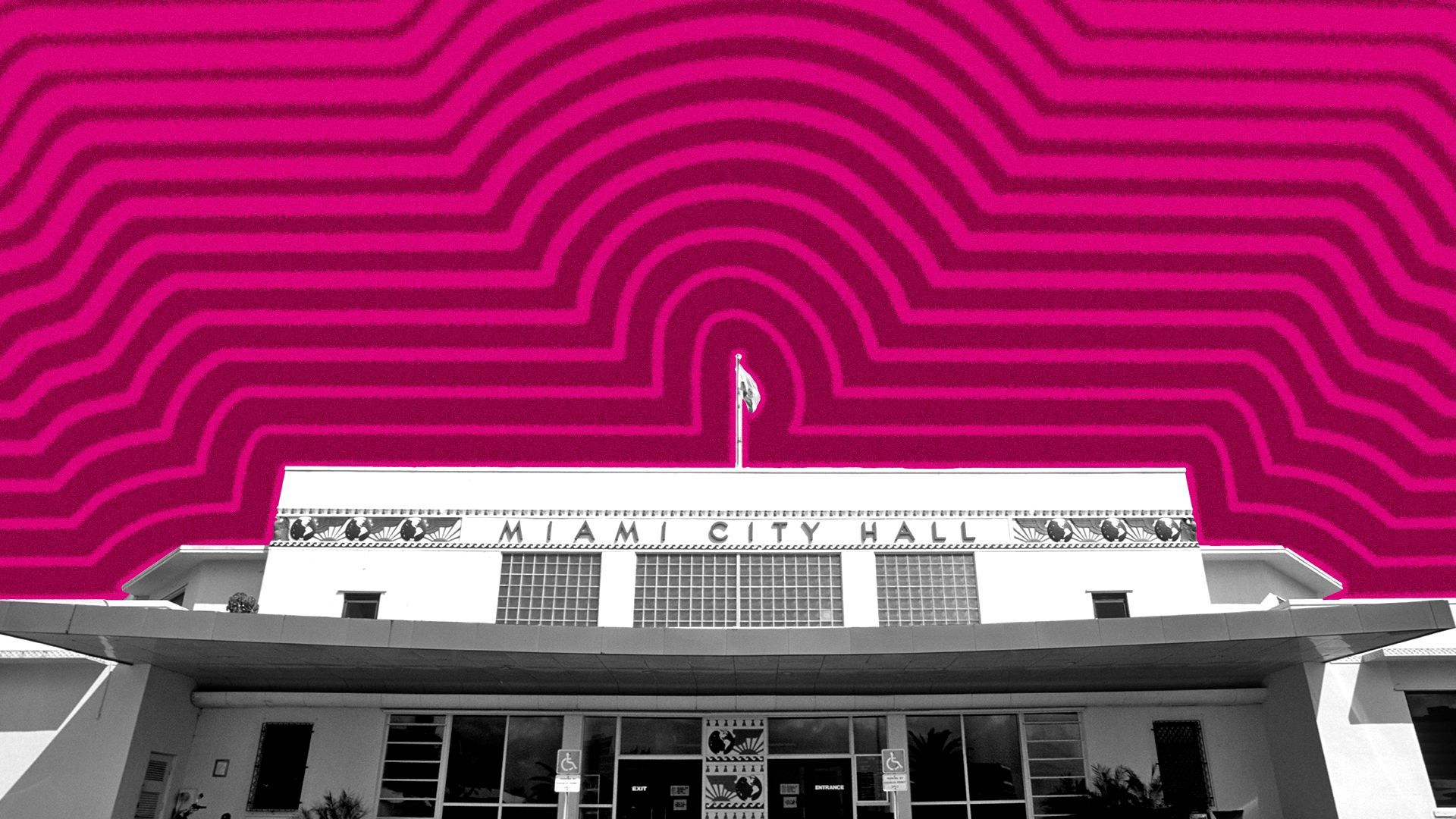 Photo illustration of Miami City Hall with lines radiating from it.