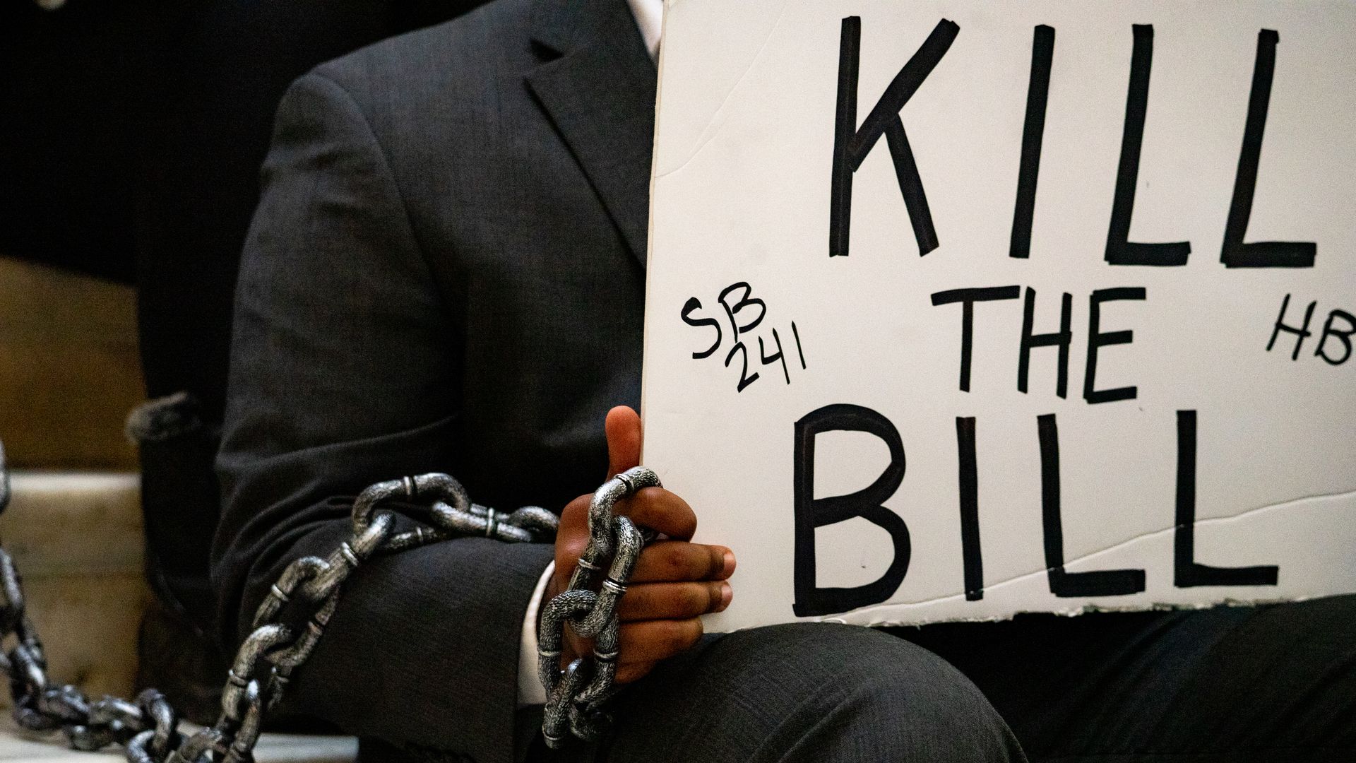 Demonstrators hold a sit-in inside of the Capitol building in opposition of House Bill 531 on March 8, 2021 in Atlanta, Georgia.
