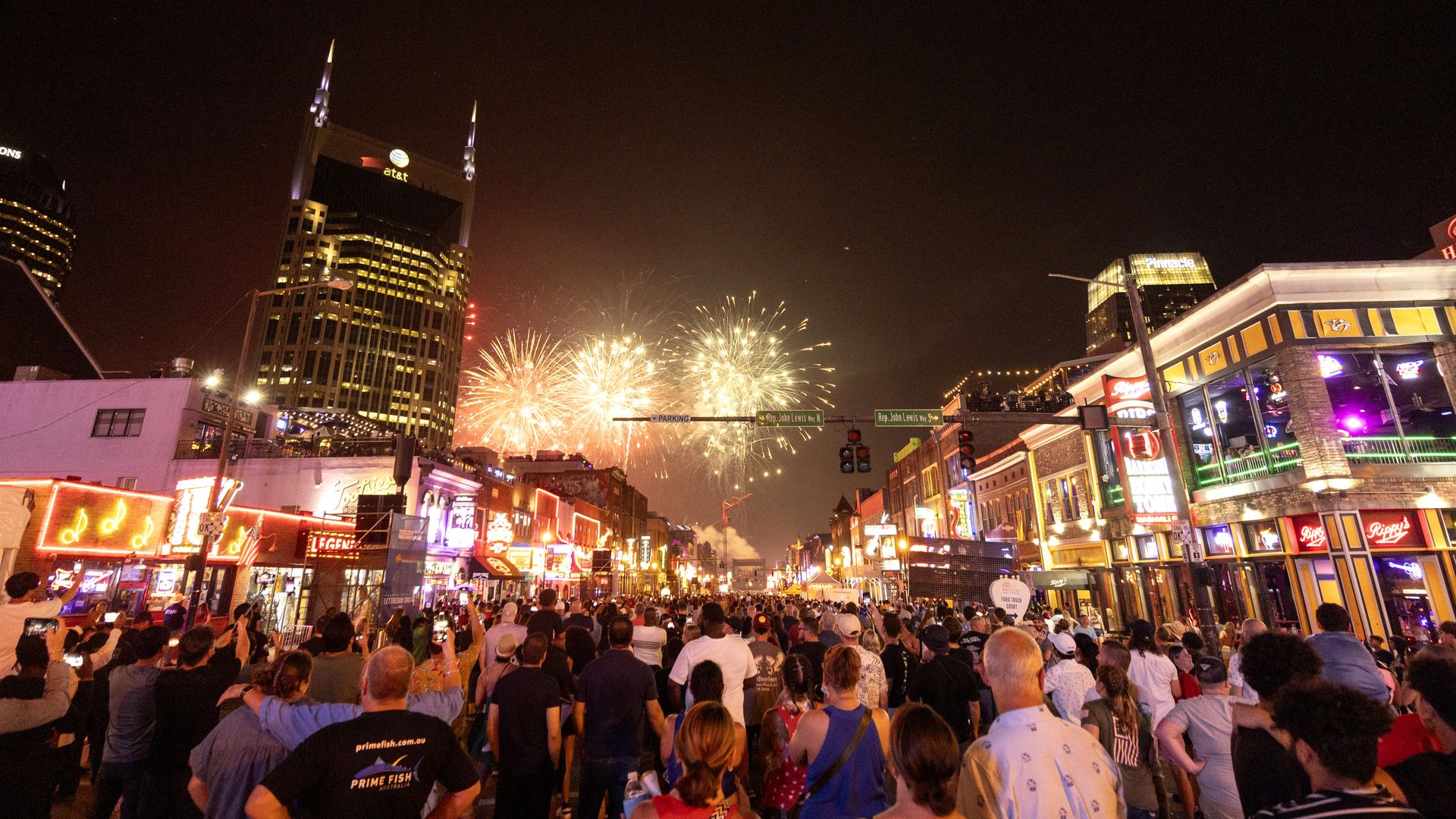 Fireworks are seen above Broadway on July 04, 2023 in Nashville, Tennessee.