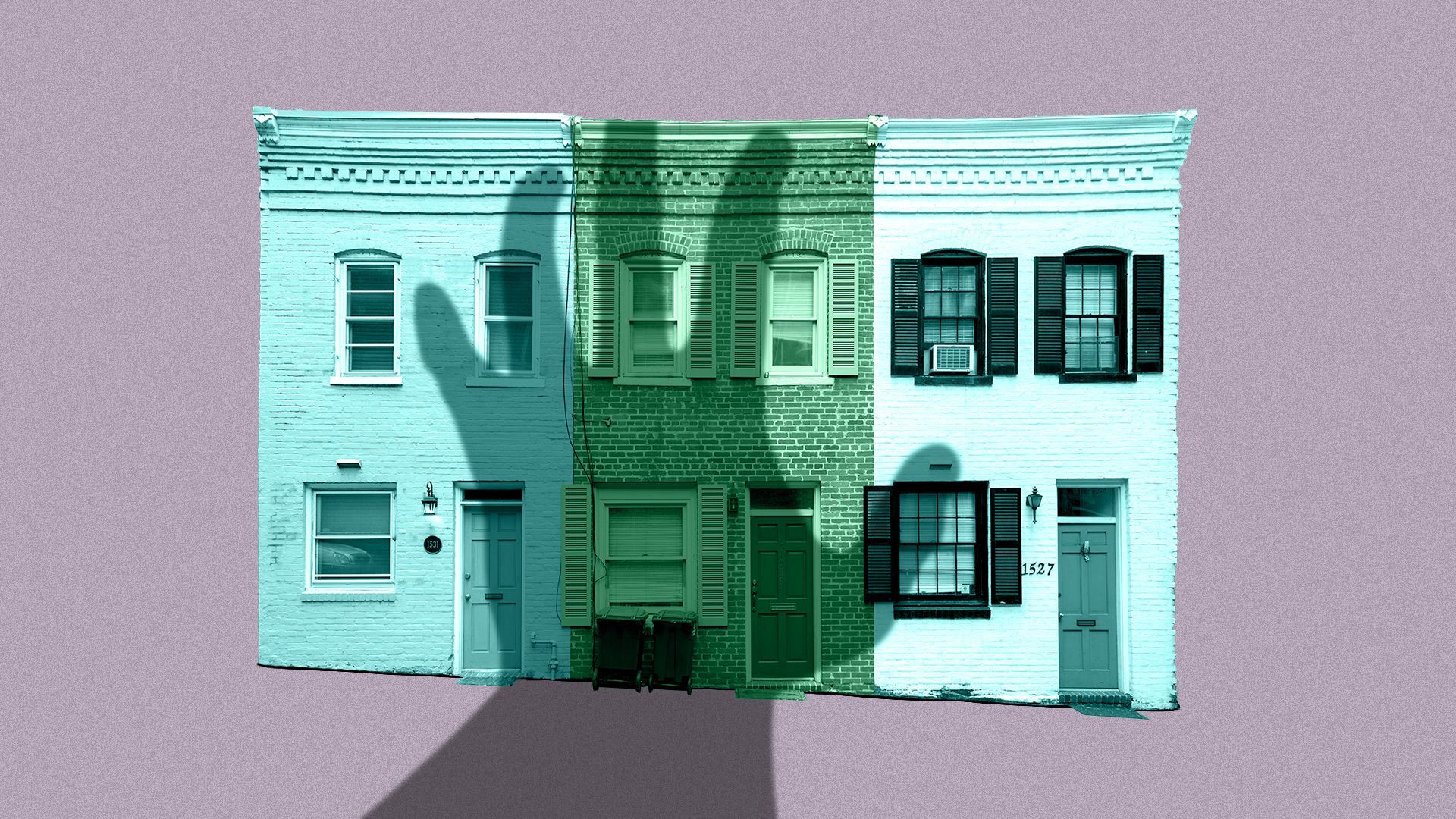 Illustration of a shadowy hand looming over three row houses. 