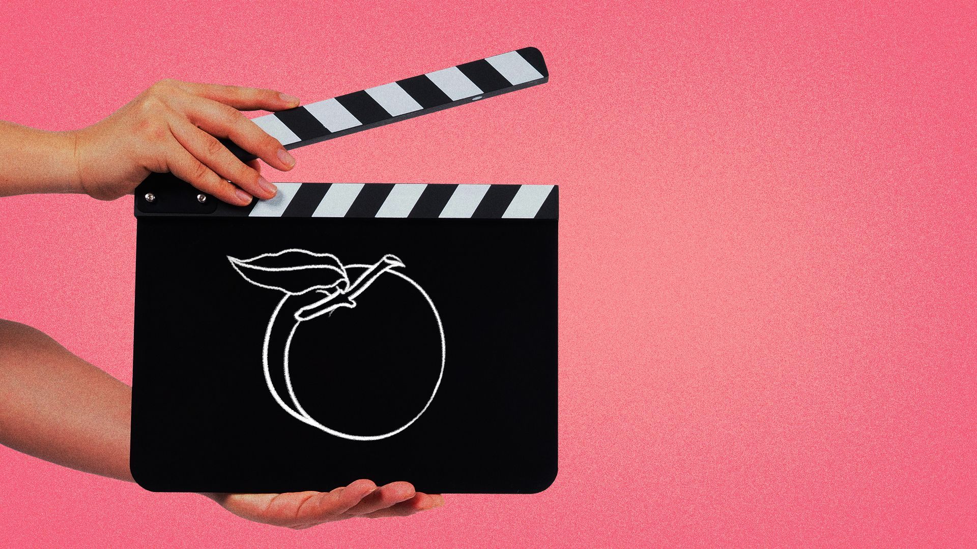 Illustration of a peach drawn on a clapboard.