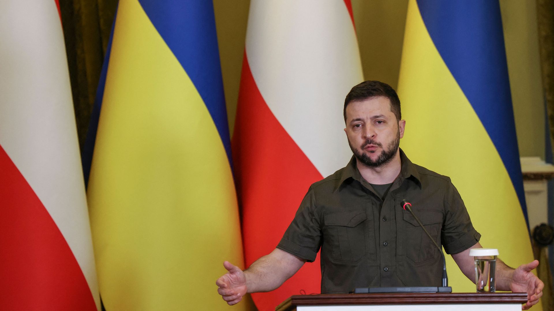 Ukraine's president Volodymyr Zelensky gestures as he attends a press conference with Austria's chancellor in Kyiv,